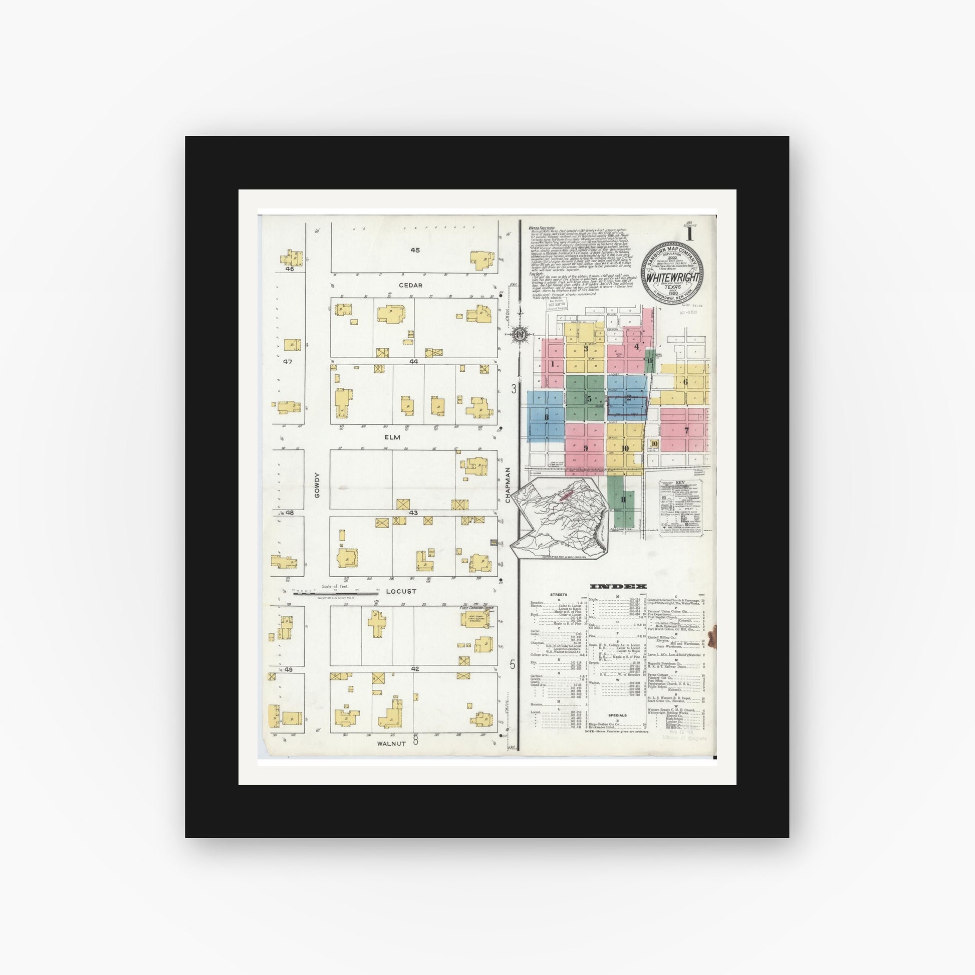 Old map wall art mockup — black gallery frame with white mat — Sanborn Fire Insurance Map from Whitewright, Grayson County, Texas (1920), Sheet #0001