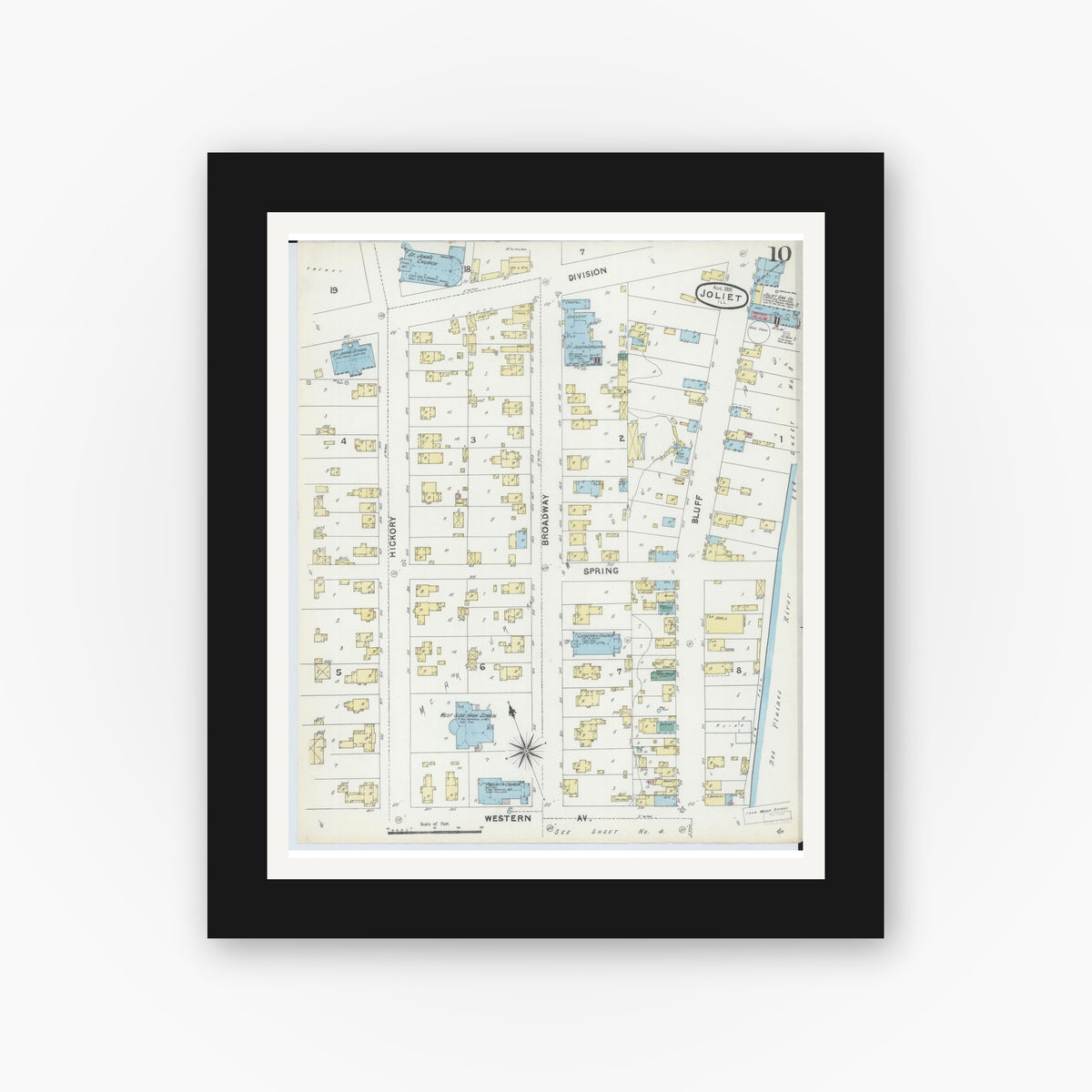 Old map wall art mockup — black gallery frame with white mat — Sanborn Fire Insurance Map from Joliet, Will County, Illinois (1891), Sheet #0010