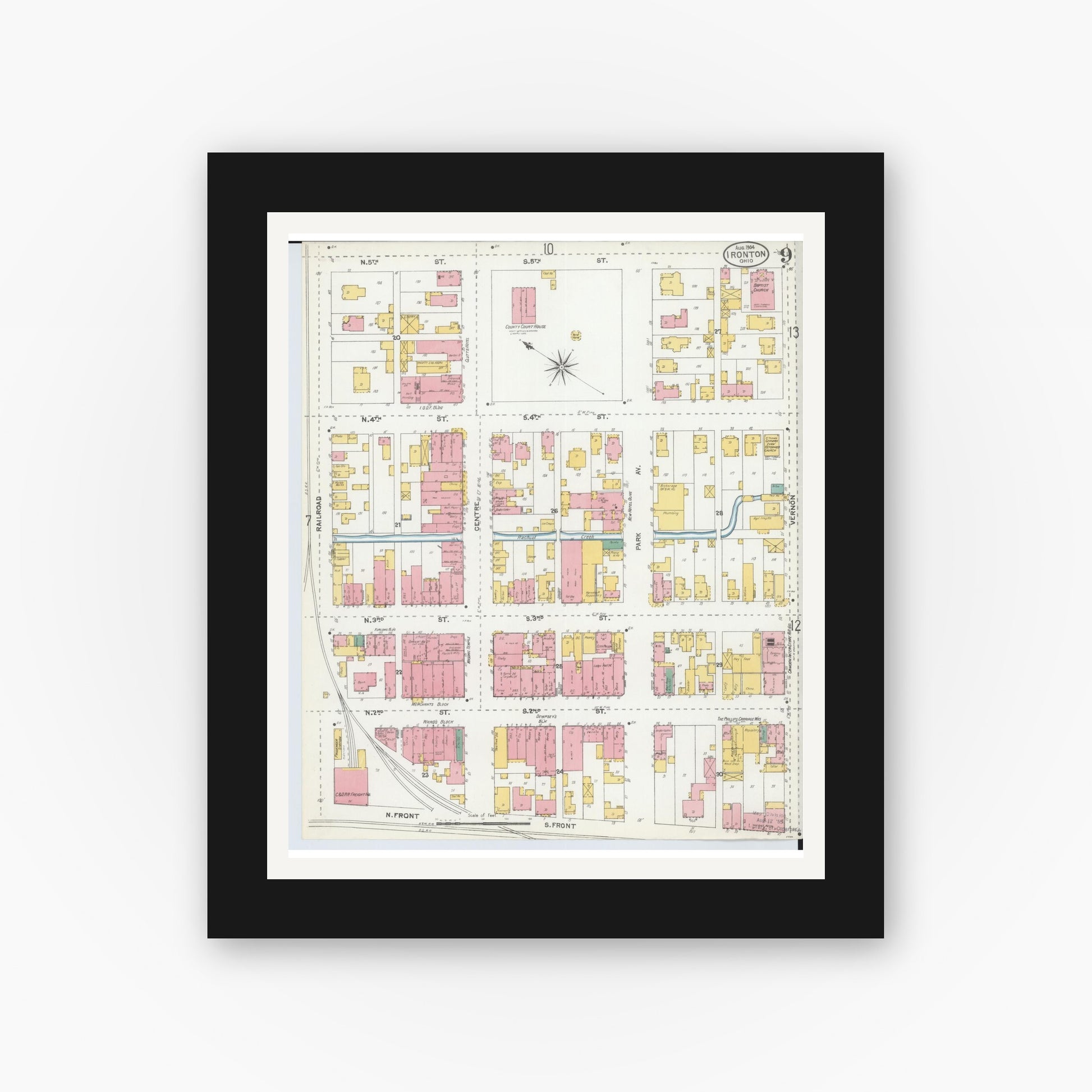 Old map wall art mockup — black gallery frame with white mat — Sanborn Fire Insurance Map from Ironton, Lawrence County, Ohio (1904), Sheet #0009
