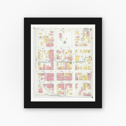 Old map wall art mockup — black gallery frame with white mat — Sanborn Fire Insurance Map from Ironton, Lawrence County, Ohio (1904), Sheet #0009