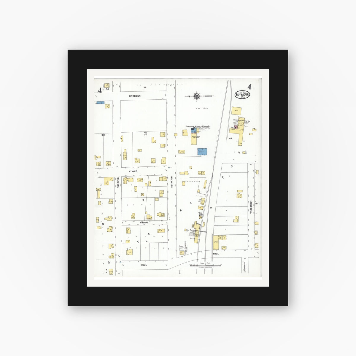 Old map wall art mockup — black gallery frame with white mat — Sanborn Fire Insurance Map from Seymour, Outagamie County, Wisconsin (1923), Sheet #0004
