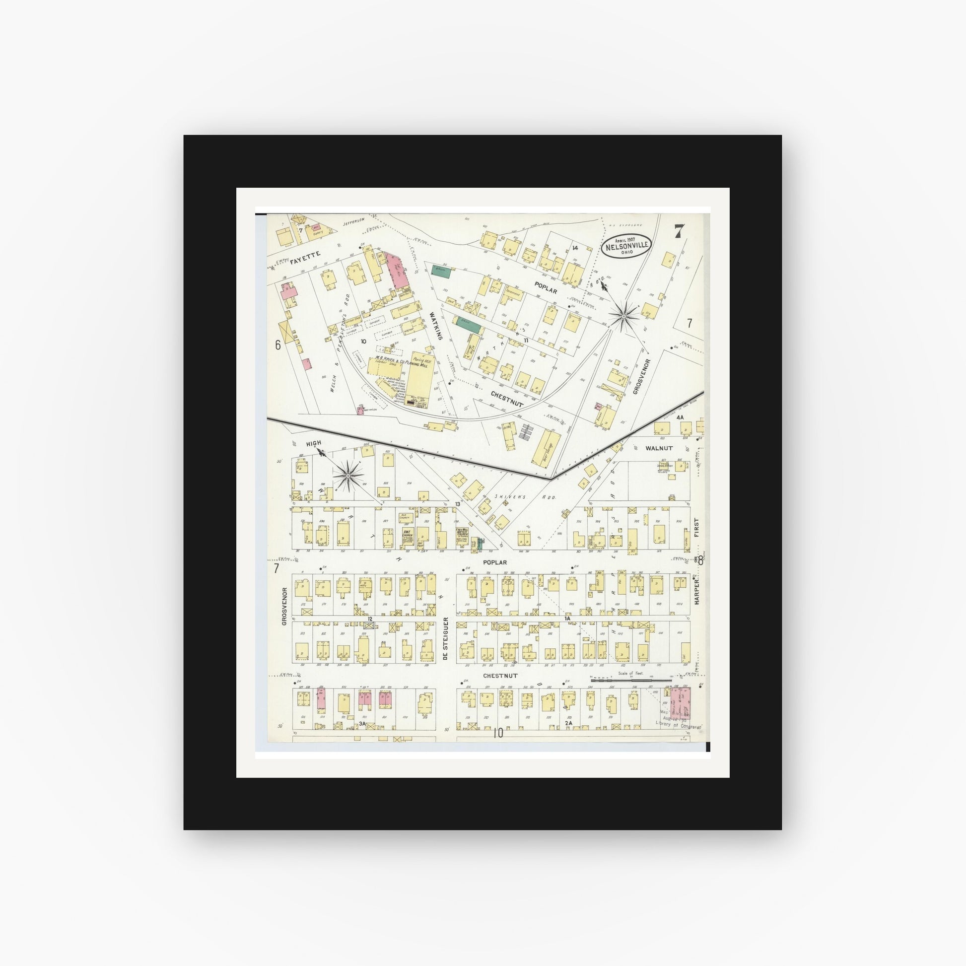 Old map wall art mockup — black gallery frame with white mat — Sanborn Fire Insurance Map from Nelsonville, Athens County, Ohio (1907), Sheet #0007