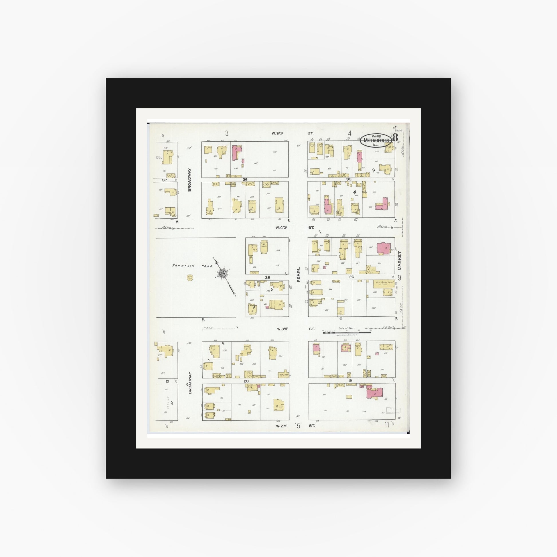 Old map wall art mockup — black gallery frame with white mat — Sanborn Fire Insurance Map from Metropolis, Massac County, Illinois (1921), Sheet #0008