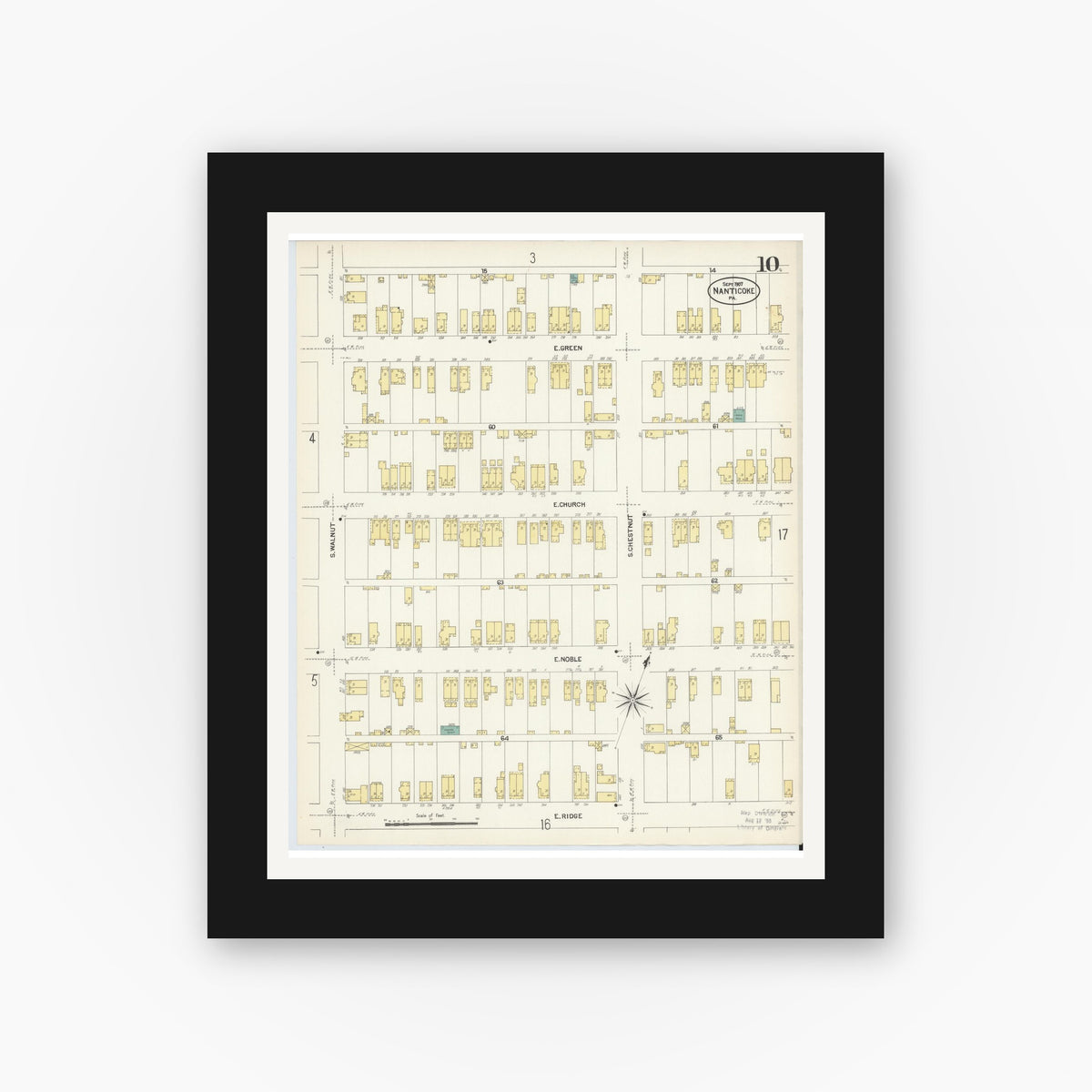 Old map wall art mockup — black gallery frame with white mat — Sanborn Fire Insurance Map from Nanticoke, Luzerne County, Pennsylvania (1907), Sheet #0010