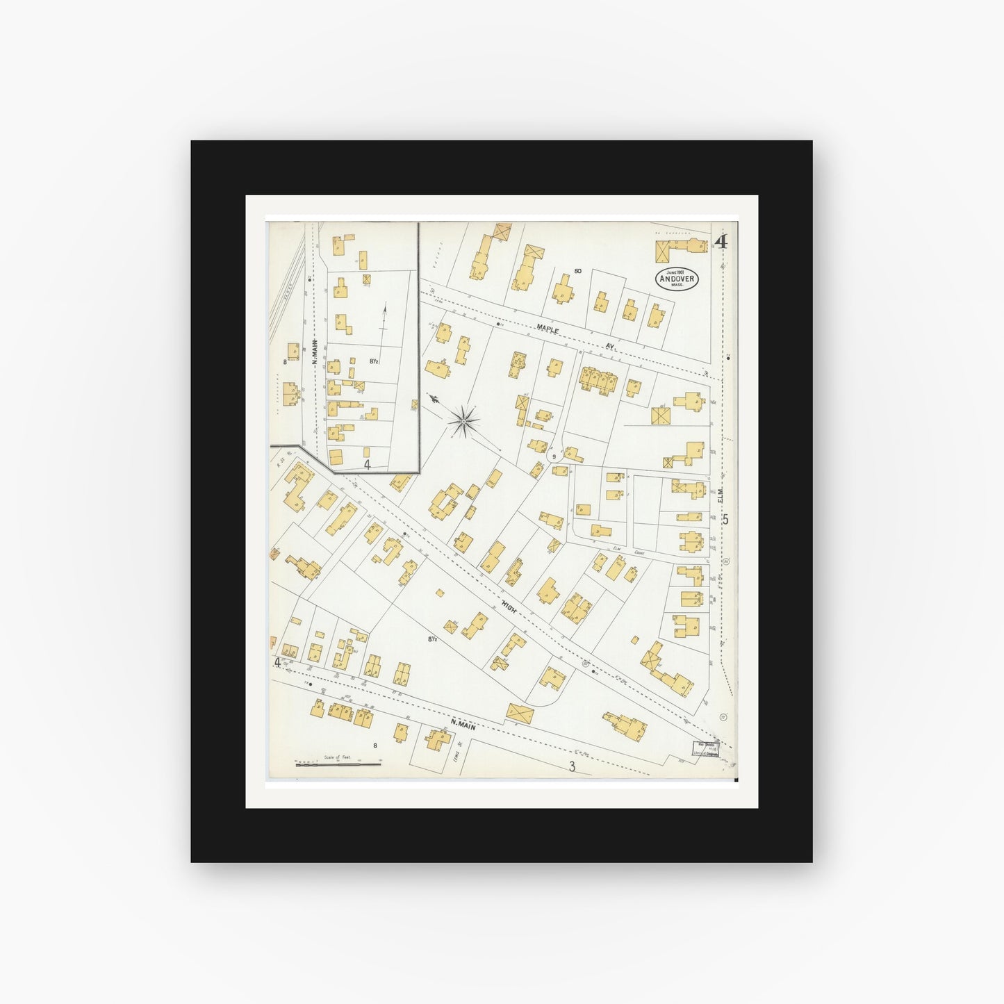 Old map wall art mockup — black gallery frame with white mat — Sanborn Fire Insurance Map from Andover, Essex County, Massachusetts (1901), Sheet #0004