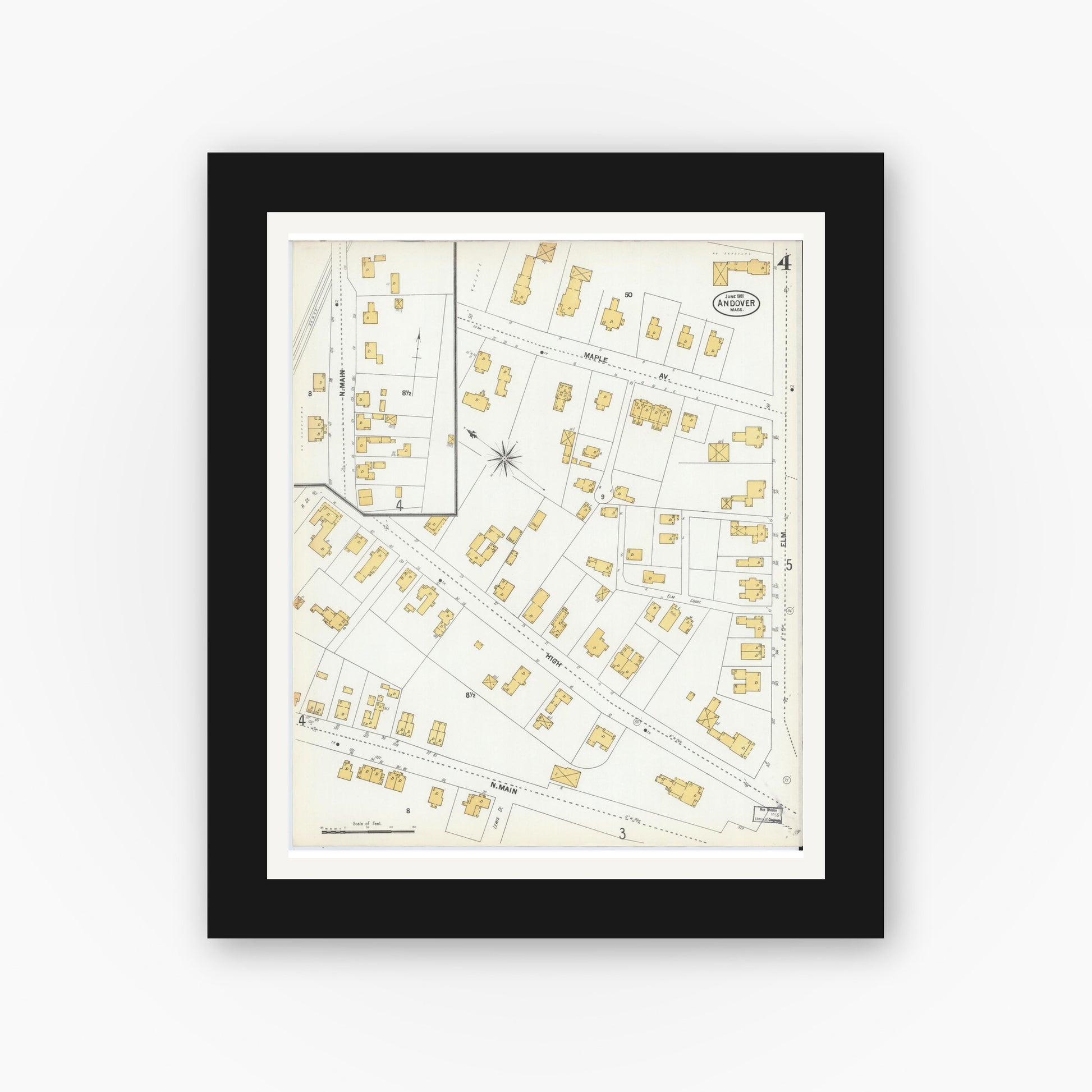 Old map wall art mockup — black gallery frame with white mat — Sanborn Fire Insurance Map from Andover, Essex County, Massachusetts (1901), Sheet #0004