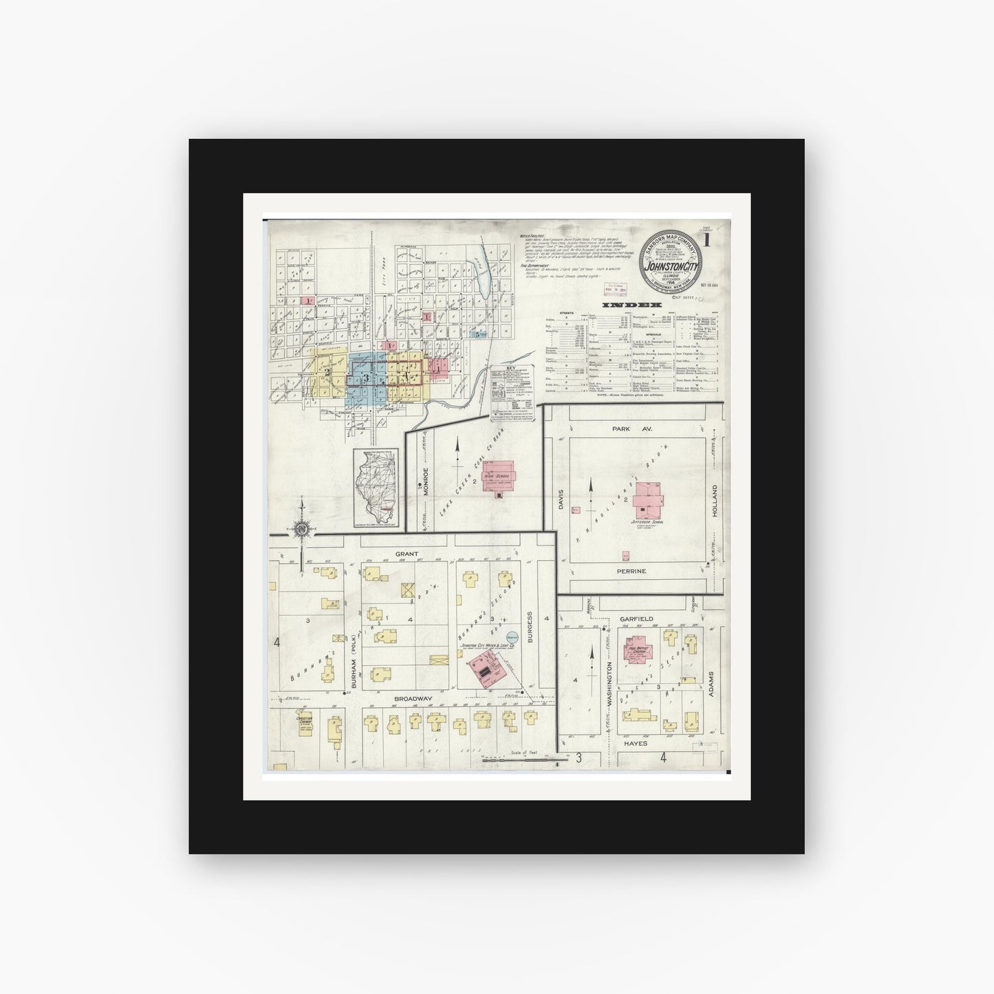 Old map wall art mockup — black gallery frame with white mat — Sanborn Fire Insurance Map from Johnston City, Williamson County, Illinois (1914) - Complete Map Set