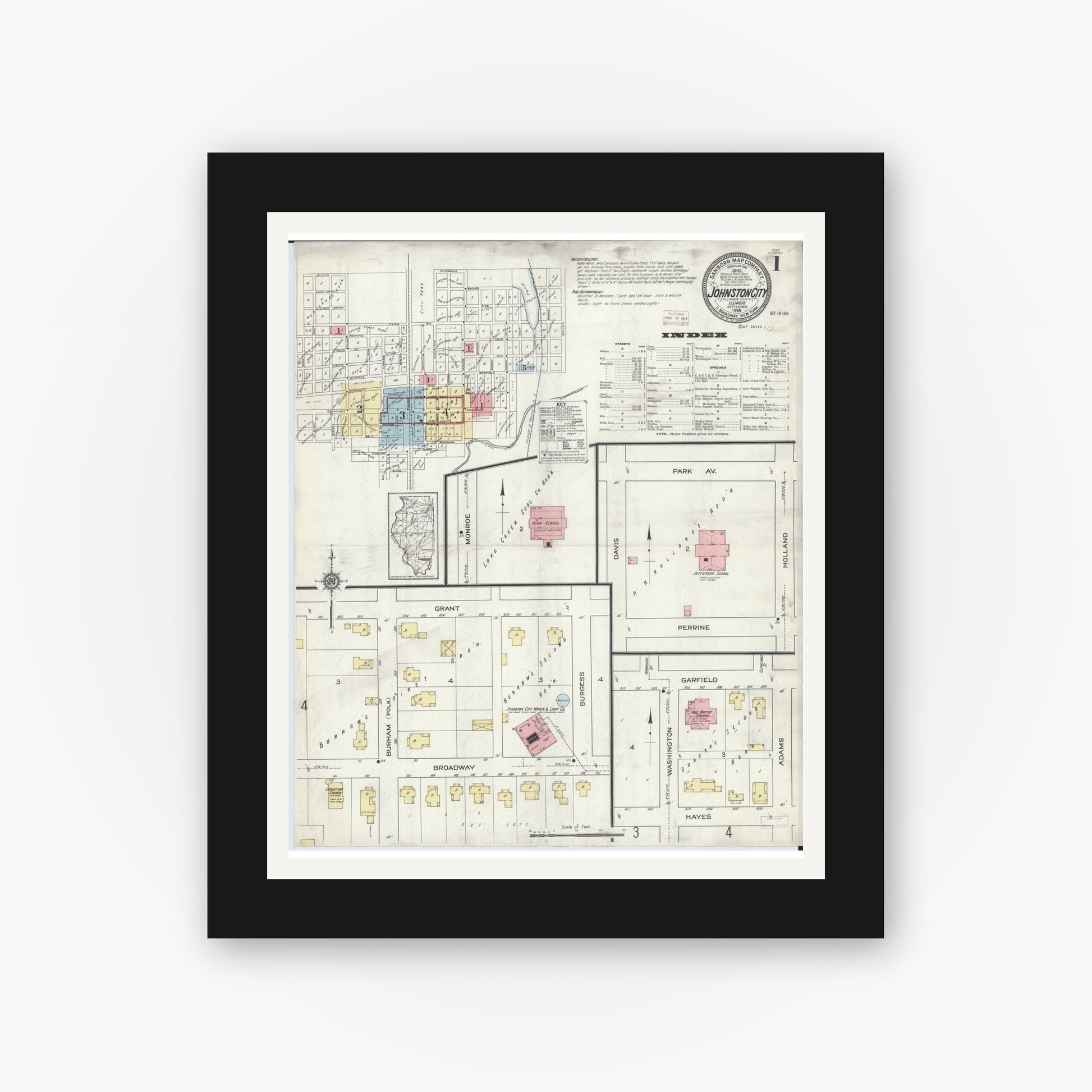 Old map wall art mockup — black gallery frame with white mat — Sanborn Fire Insurance Map from Johnston City, Williamson County, Illinois (1914) - Complete Map Set