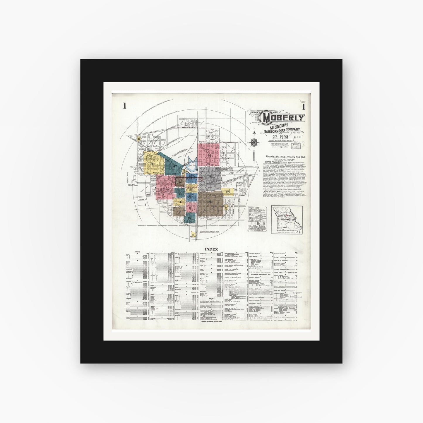 Old map wall art mockup — black gallery frame with white mat — Sanborn Fire Insurance Map from Moberly, Randolph County, Missouri (1923) - Complete Map Set