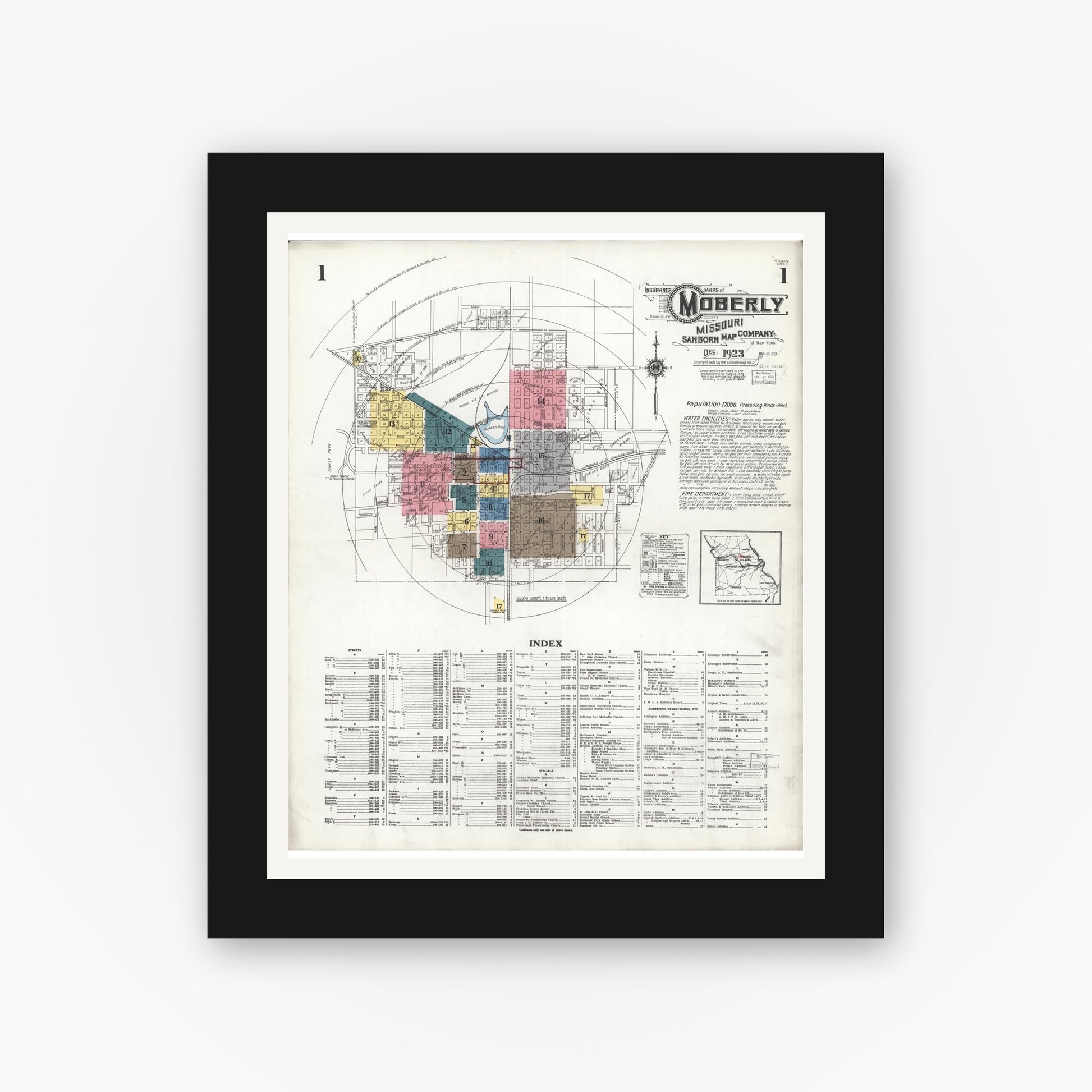 Old map wall art mockup — black gallery frame with white mat — Sanborn Fire Insurance Map from Moberly, Randolph County, Missouri (1923) - Complete Map Set