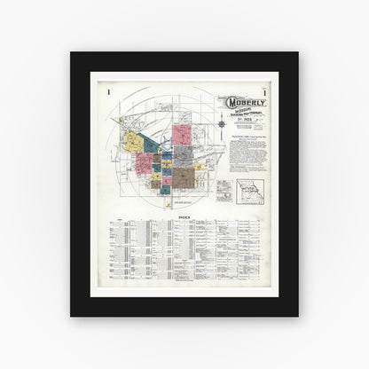 Old map wall art mockup — black gallery frame with white mat — Sanborn Fire Insurance Map from Moberly, Randolph County, Missouri (1923) - Complete Map Set