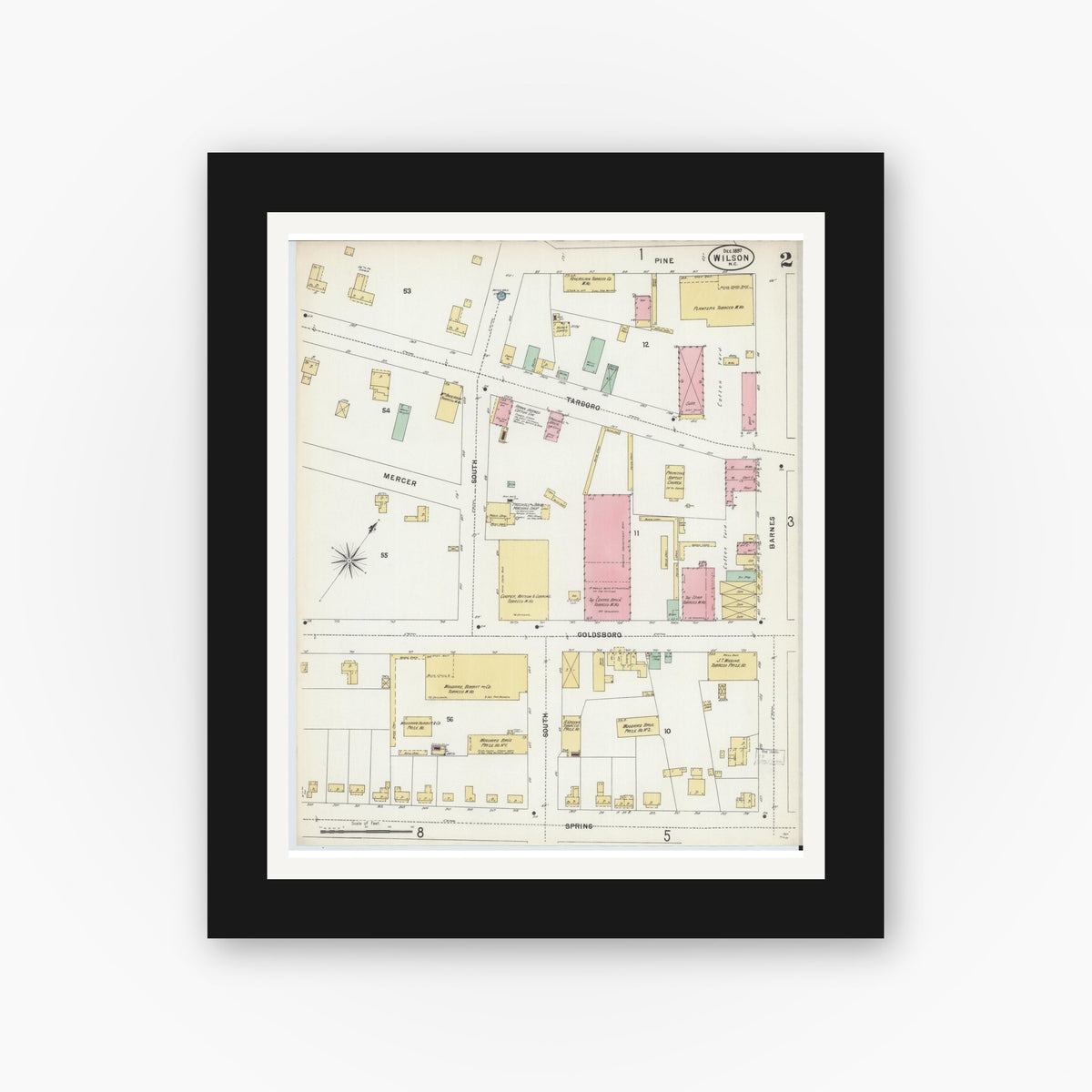 Old map wall art mockup — black gallery frame with white mat — Sanborn Fire Insurance Map from Wilson, Wilson County, North Carolina (1897), Sheet #0002