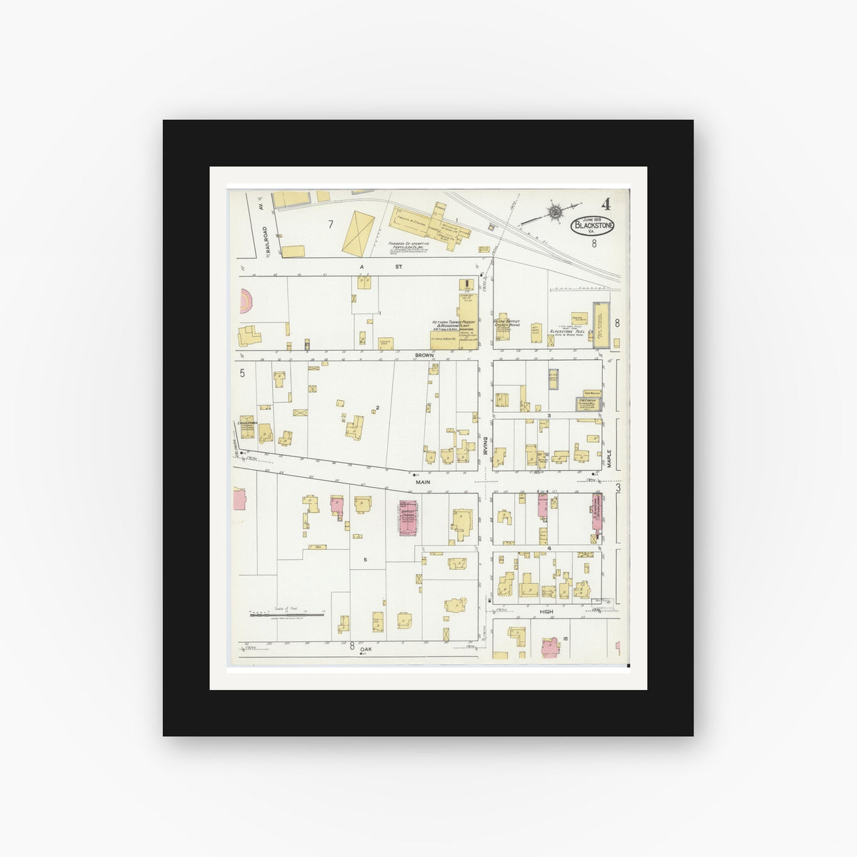 Old map wall art mockup — black gallery frame with white mat — Sanborn Fire Insurance Map from Blackstone, Nottoway County, Virginia (1919), Sheet #0004