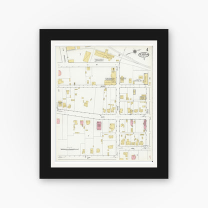Old map wall art mockup — black gallery frame with white mat — Sanborn Fire Insurance Map from Blackstone, Nottoway County, Virginia (1919), Sheet #0004
