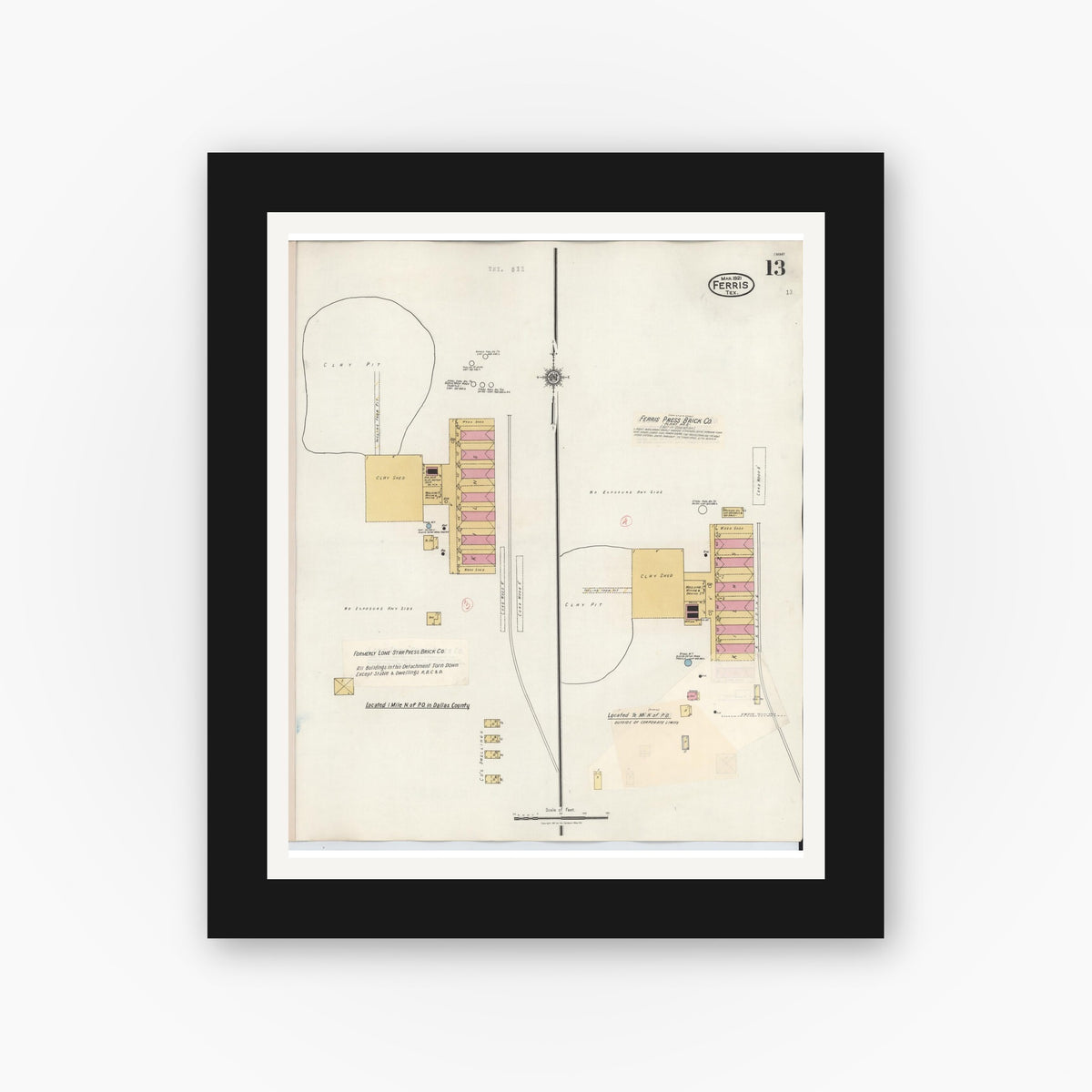 Old map wall art mockup — black gallery frame with white mat — Sanborn Fire Insurance Map from Ferris, Ellis County, Texas (1941), Sheet #0013