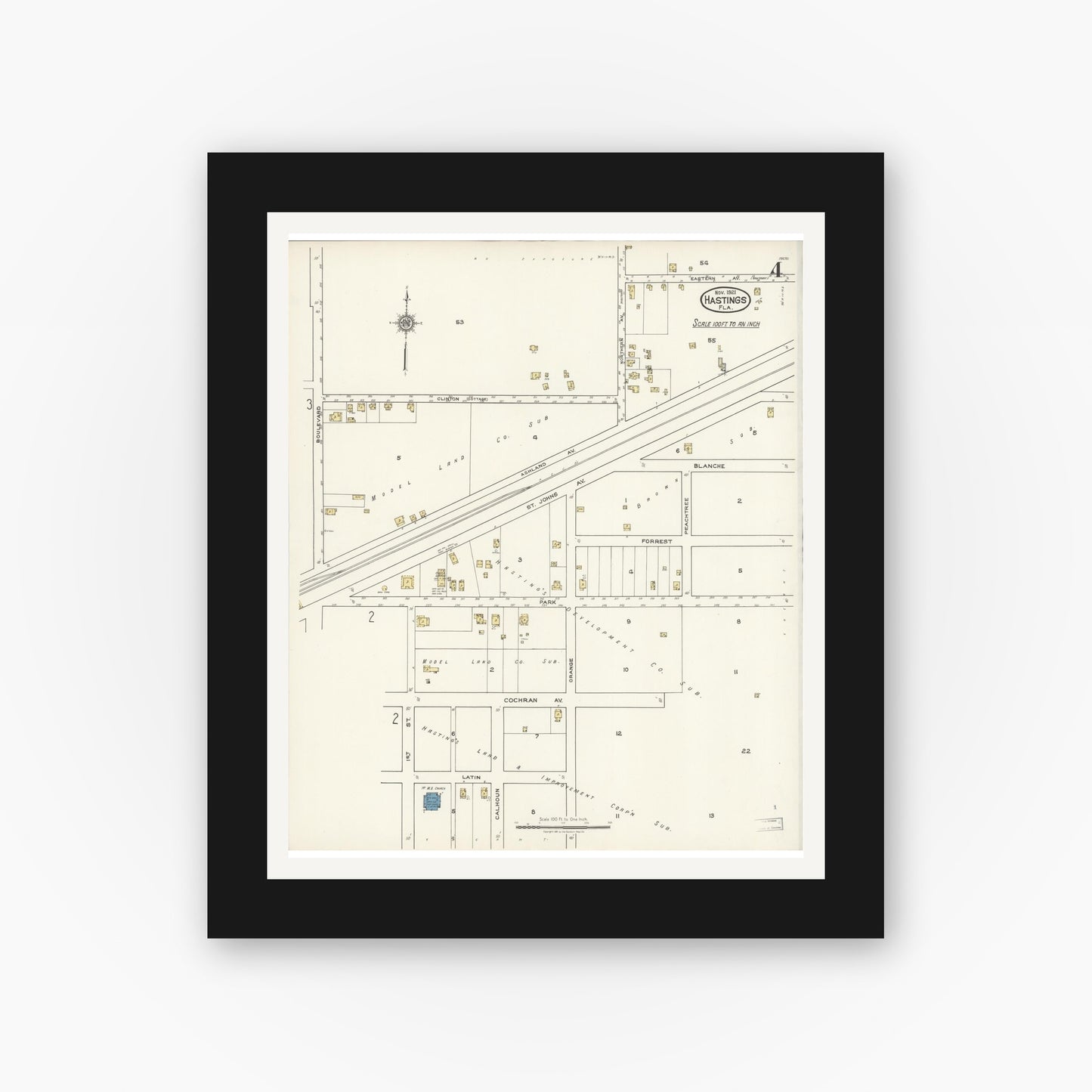 Old map wall art mockup — black gallery frame with white mat — Sanborn Fire Insurance Map from Hastings, St. Johns County, Florida (1921), Sheet #0004