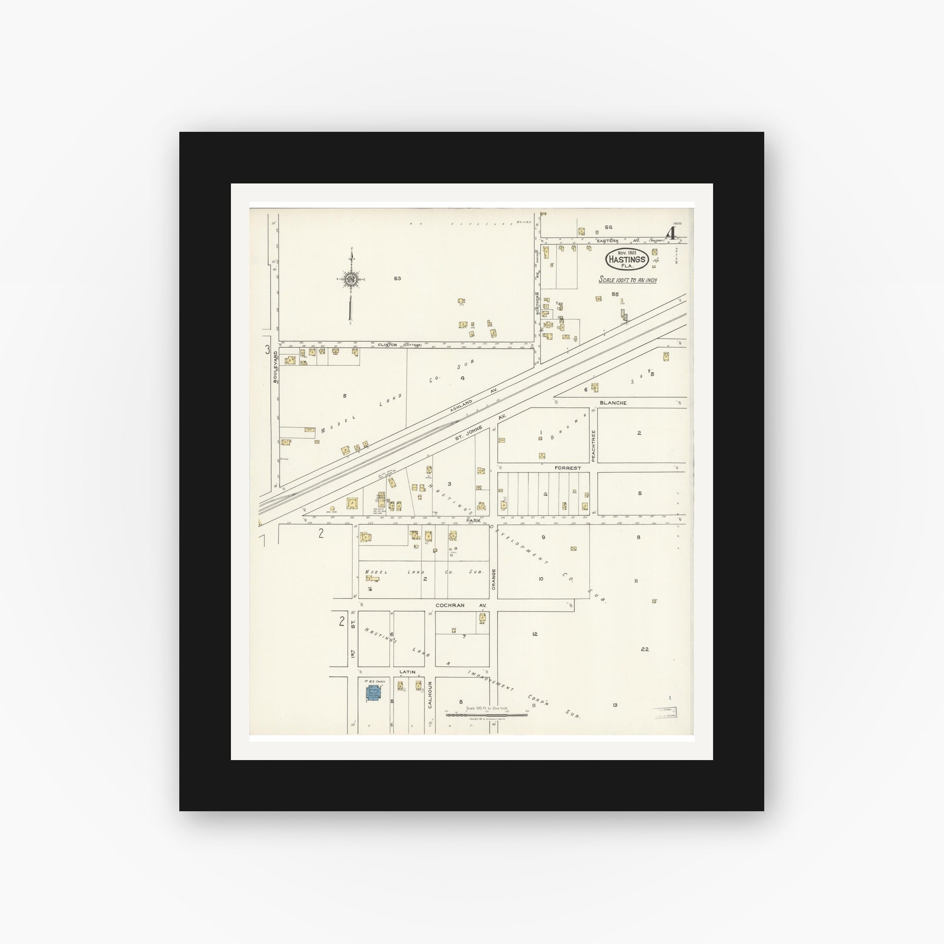 Old map wall art mockup — black gallery frame with white mat — Sanborn Fire Insurance Map from Hastings, St. Johns County, Florida (1921), Sheet #0004