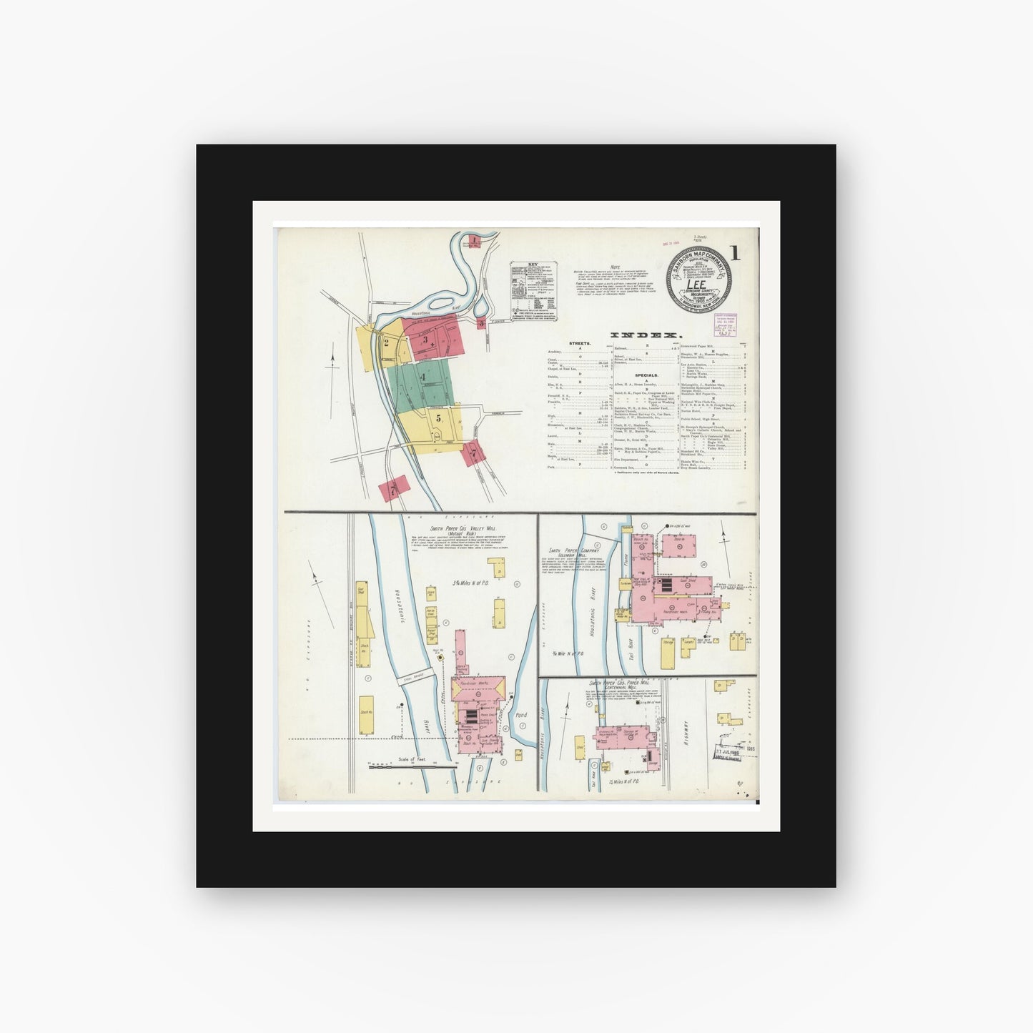 Old map wall art mockup — black gallery frame with white mat — Sanborn Fire Insurance Map from Lee, Berkshire County, Massachusetts (1905), Sheet #0001