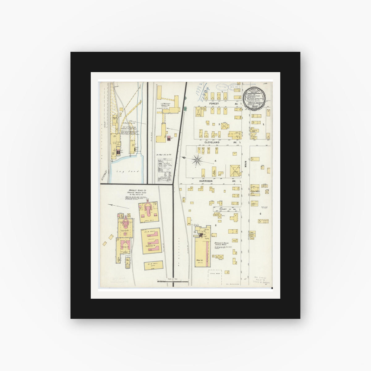 Old map wall art mockup — black gallery frame with white mat — Sanborn Fire Insurance Map from Hazelhurst, McKean County, Pennsylvania (1898), Sheet #0001