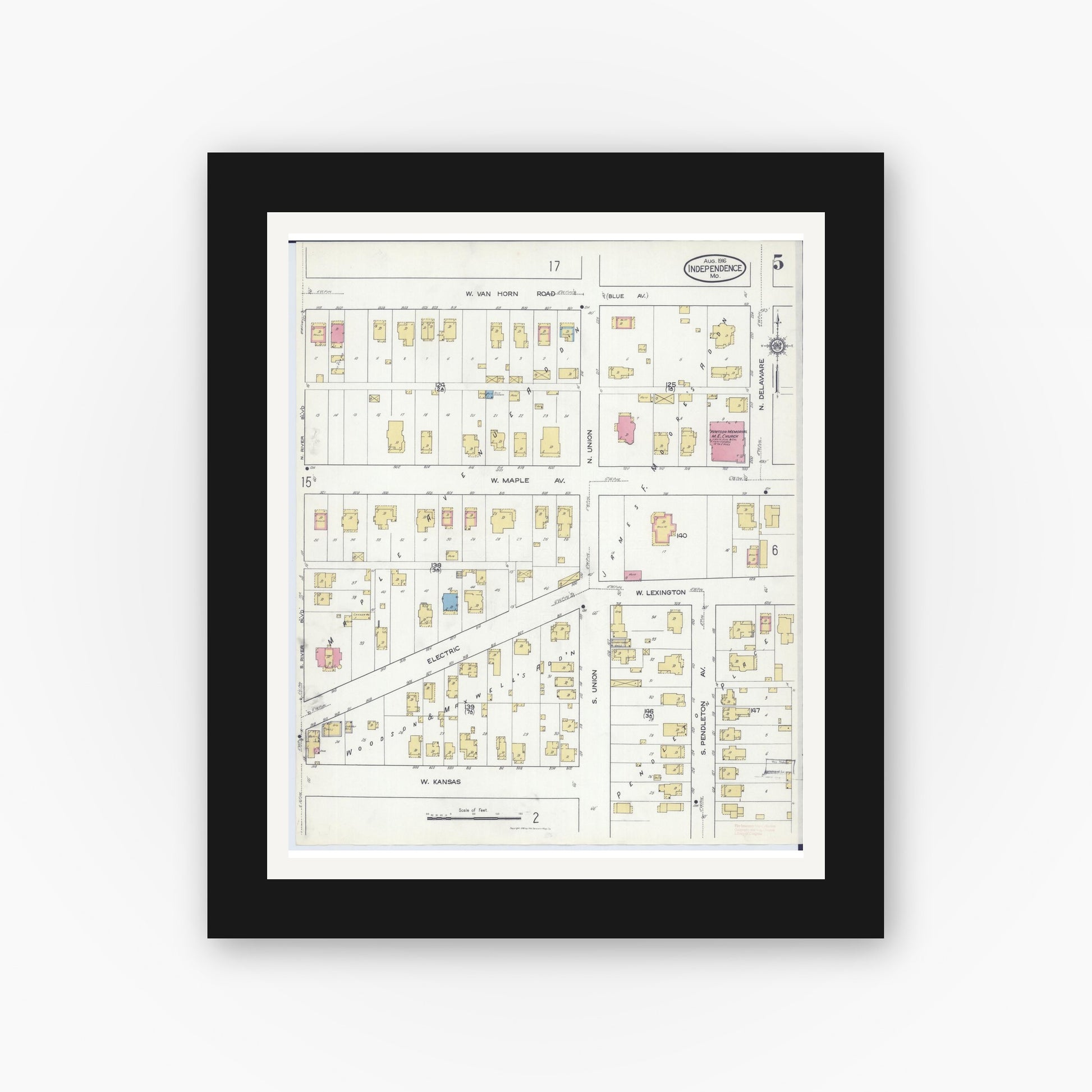 Old map wall art mockup — black gallery frame with white mat — Sanborn Fire Insurance Map from Independence, Jackson County, Missouri (1916), Sheet #0005