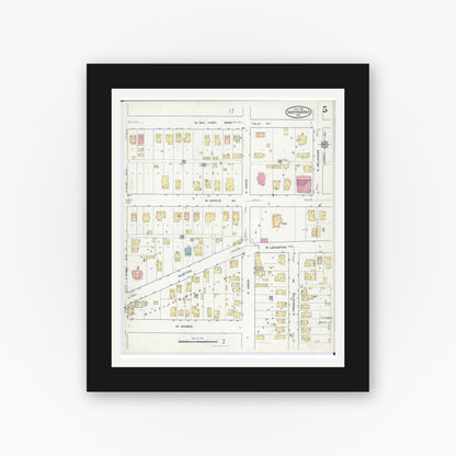 Old map wall art mockup — black gallery frame with white mat — Sanborn Fire Insurance Map from Independence, Jackson County, Missouri (1916), Sheet #0005