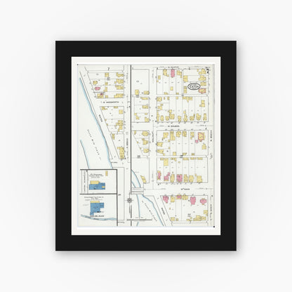 Old map wall art mockup — black gallery frame with white mat — Sanborn Fire Insurance Map from Eaton, Preble County, Ohio (1921), Sheet #0007