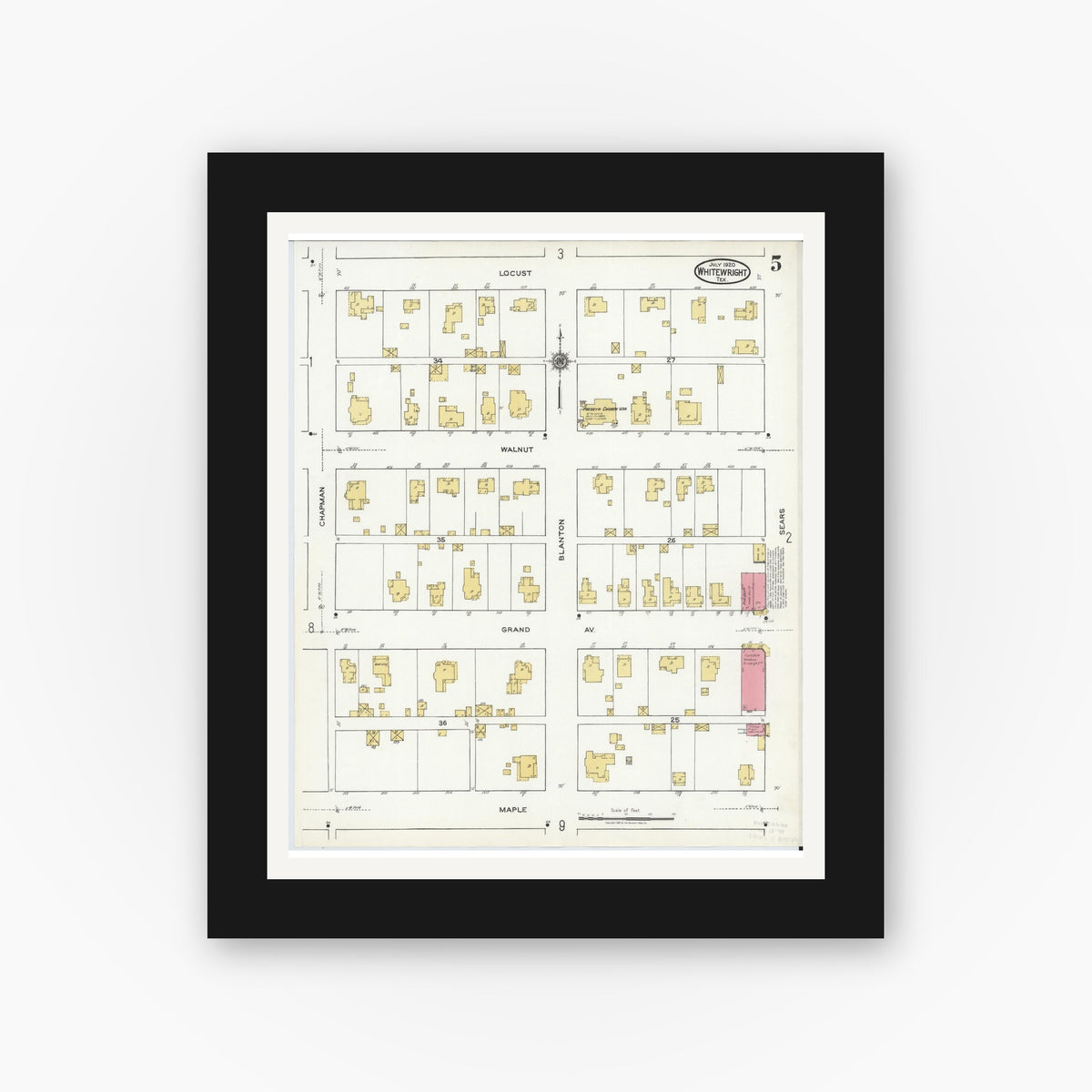 Old map wall art mockup — black gallery frame with white mat — Sanborn Fire Insurance Map from Whitewright, Grayson County, Texas (1920), Sheet #0005