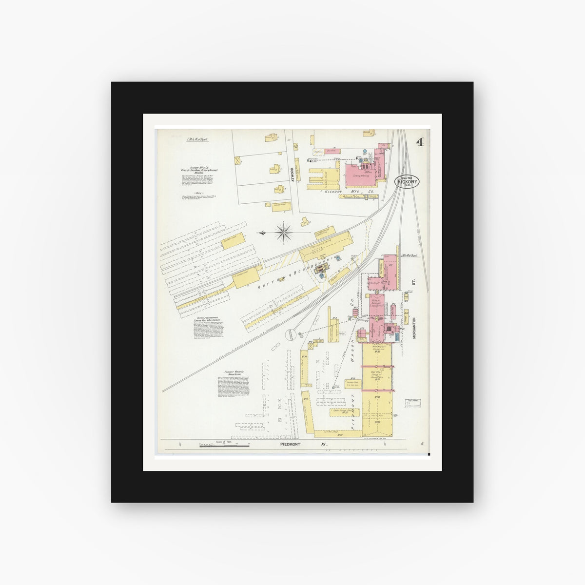 Old map wall art mockup — black gallery frame with white mat — Sanborn Fire Insurance Map from Hickory, Catawba County, North Carolina (1902), Sheet #0004