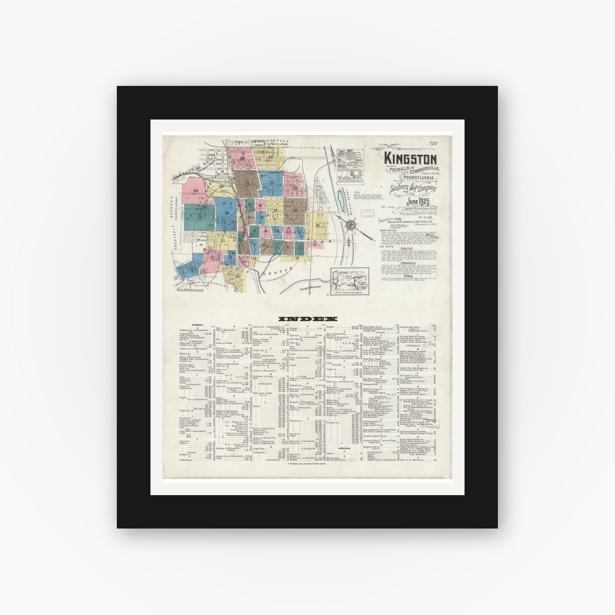 Old map wall art mockup — black gallery frame with white mat — Sanborn Fire Insurance Map from Kingston, Luzerne County, Pennsylvania (1925), Sheet #0001