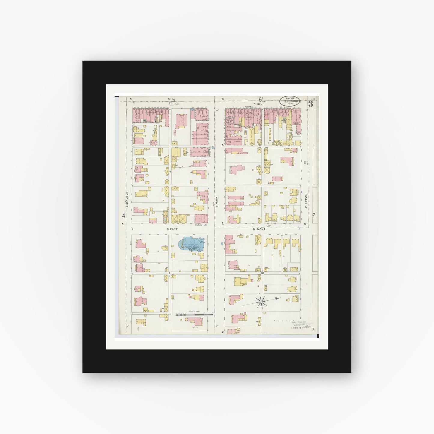 Old map wall art mockup — black gallery frame with white mat — Sanborn Fire Insurance Map from Hillsboro, Highland County, Ohio (1898), Sheet #0003
