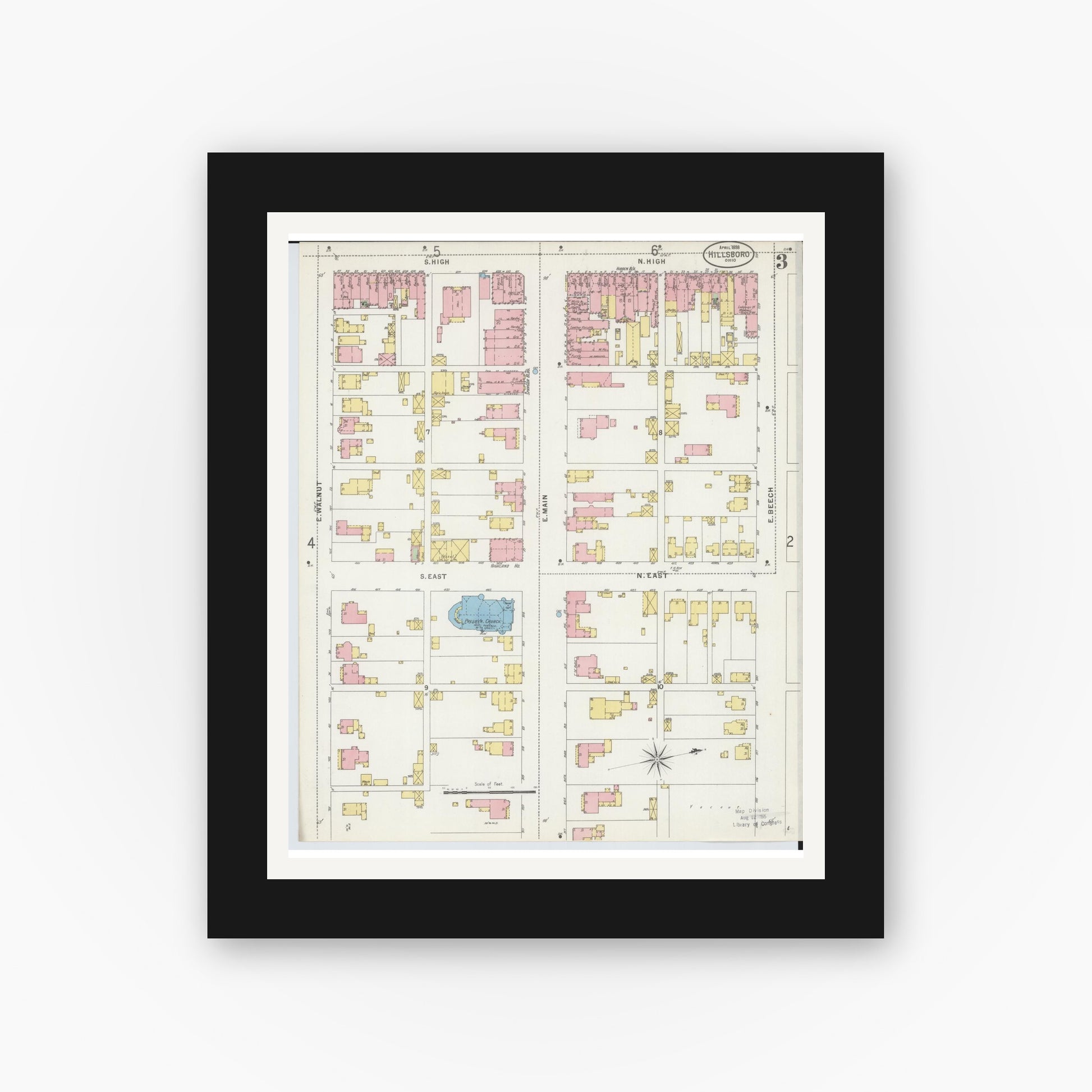 Old map wall art mockup — black gallery frame with white mat — Sanborn Fire Insurance Map from Hillsboro, Highland County, Ohio (1898), Sheet #0003