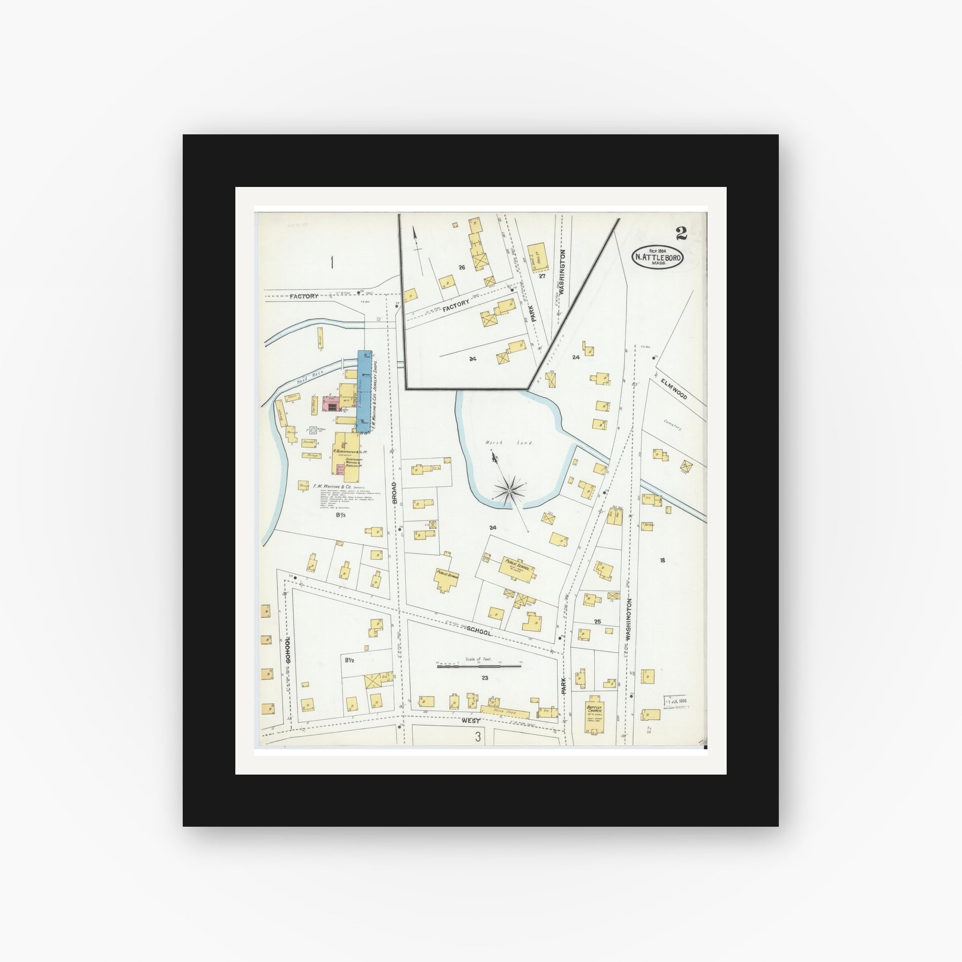 Old map wall art mockup — black gallery frame with white mat — Sanborn Fire Insurance Map from North Attleborough, Bristol County, Massachusetts (1904), Sheet #0002
