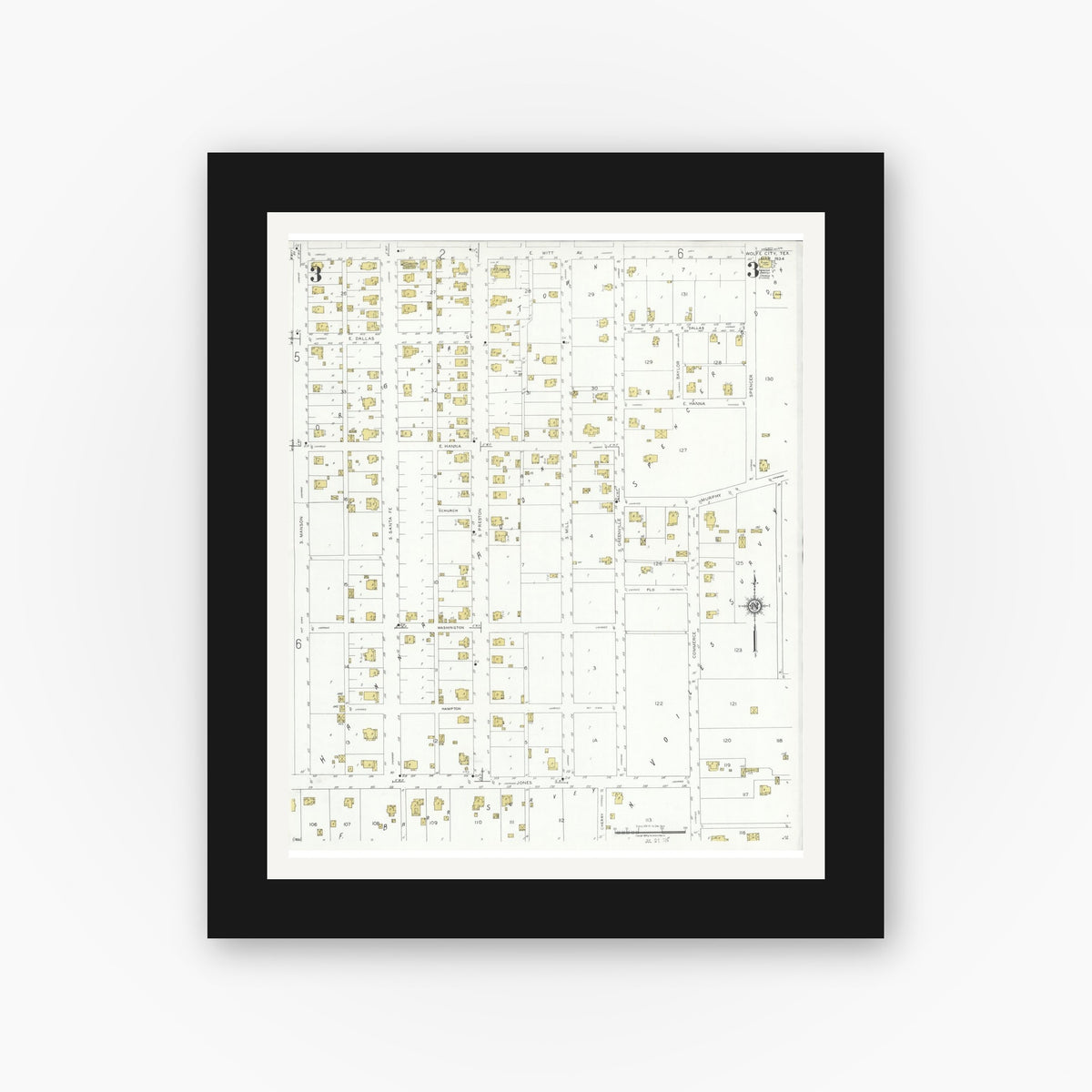 Old map wall art mockup — black gallery frame with white mat — Sanborn Fire Insurance Map from Wolfe City, Hunt County, Texas (1934), Sheet #0003
