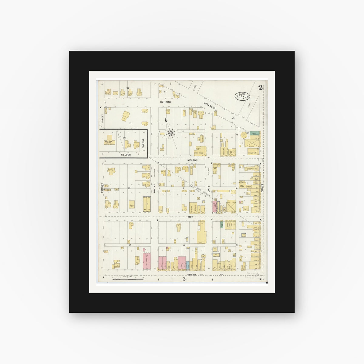 Old map wall art mockup — black gallery frame with white mat — Sanborn Fire Insurance Map from Yoakum, De Witt And Lavaca Counties, Texas (1898), Sheet #0002