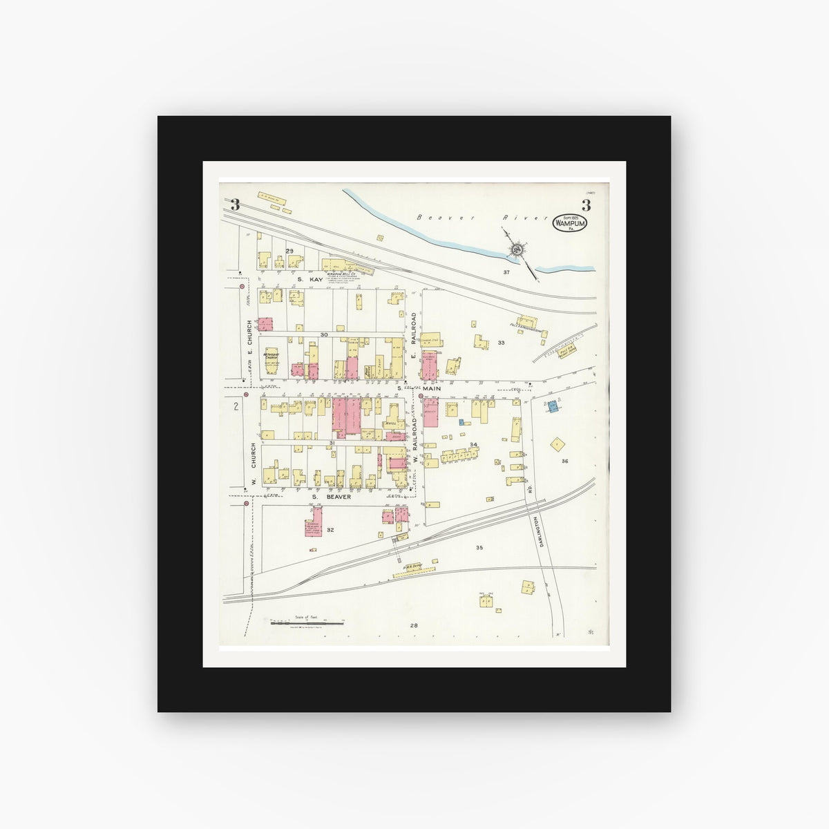 Old map wall art mockup — black gallery frame with white mat — Sanborn Fire Insurance Map from Wampum, Lawrence County, Pennsylvania (1925), Sheet #0003