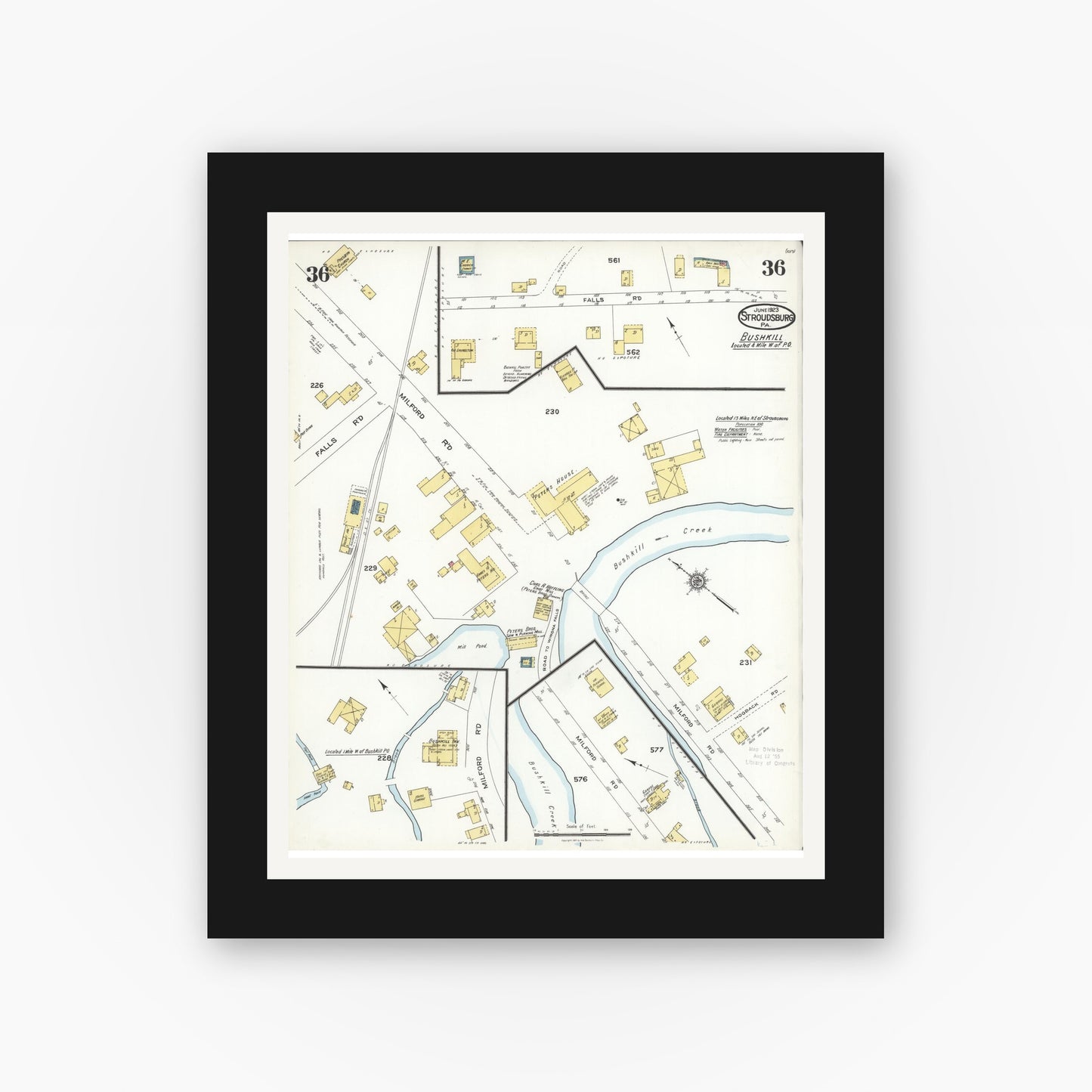 Old map wall art mockup — black gallery frame with white mat — Sanborn Fire Insurance Map from Stroudsburg, Monroe County, Pennsylvania (1923), Sheet #0036
