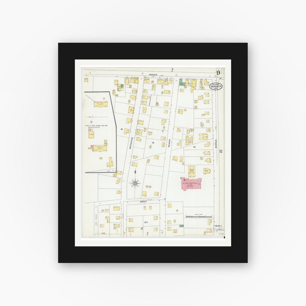 Old map wall art mockup — black gallery frame with white mat — Sanborn Fire Insurance Map from Gardner, Worcester County, Massachusetts (1905), Sheet #0009
