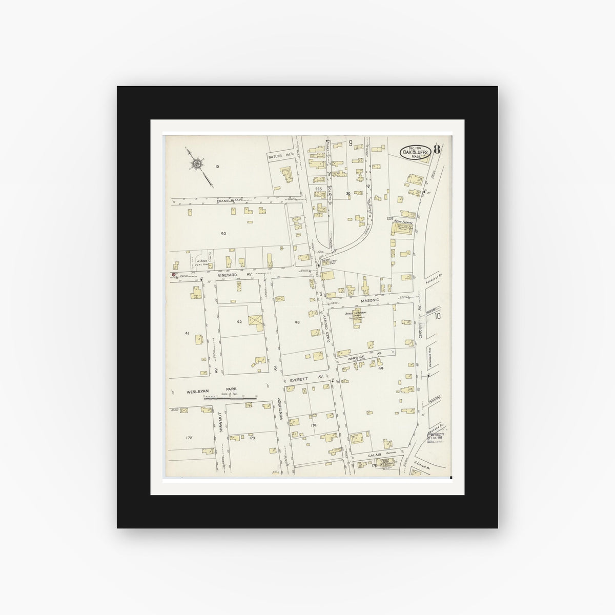 Old map wall art mockup — black gallery frame with white mat — Sanborn Fire Insurance Map from Oak Bluffs, Dukes County, Massachusetts (1914), Sheet #0008