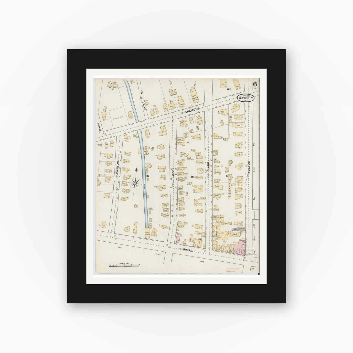 Old map wall art mockup — black gallery frame with white mat — Sanborn Fire Insurance Map from Waverly, Tioga County, New York (1888), Sheet #0006