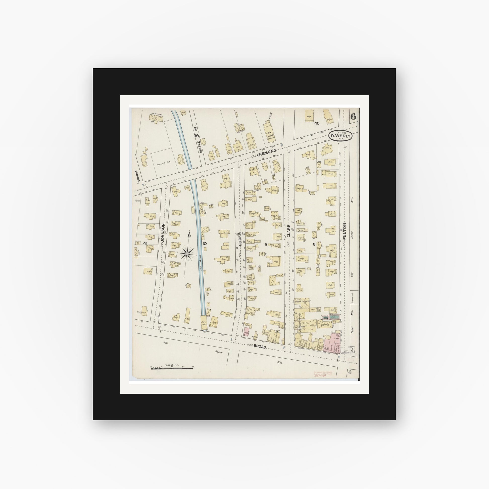 Old map wall art mockup — black gallery frame with white mat — Sanborn Fire Insurance Map from Waverly, Tioga County, New York (1888), Sheet #0006