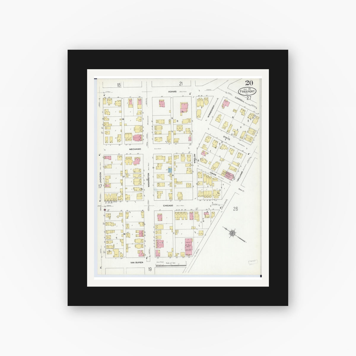 Old map wall art mockup — black gallery frame with white mat — Sanborn Fire Insurance Map from Freeport, Stephenson County, Illinois (1910), Sheet #0020