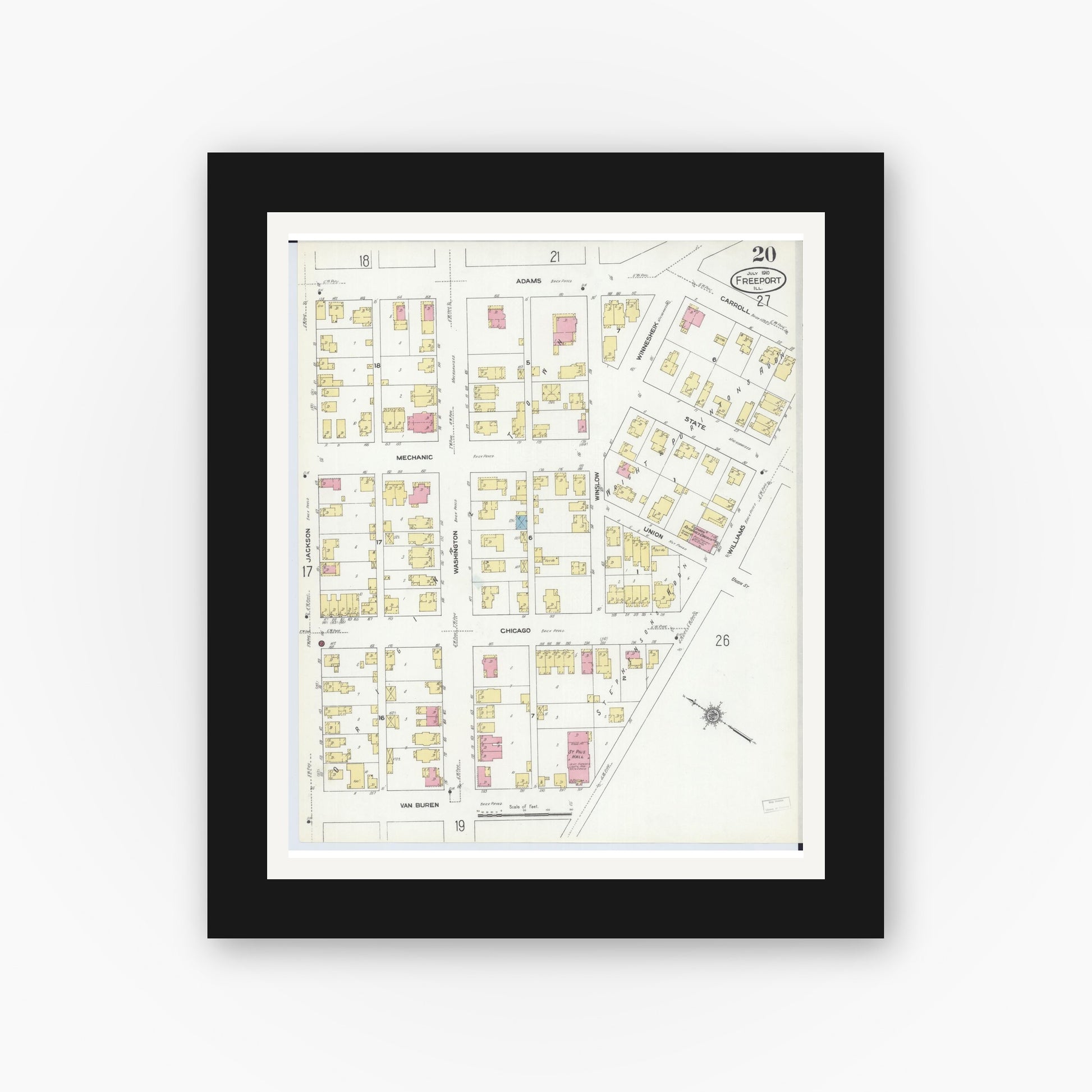 Old map wall art mockup — black gallery frame with white mat — Sanborn Fire Insurance Map from Freeport, Stephenson County, Illinois (1910), Sheet #0020