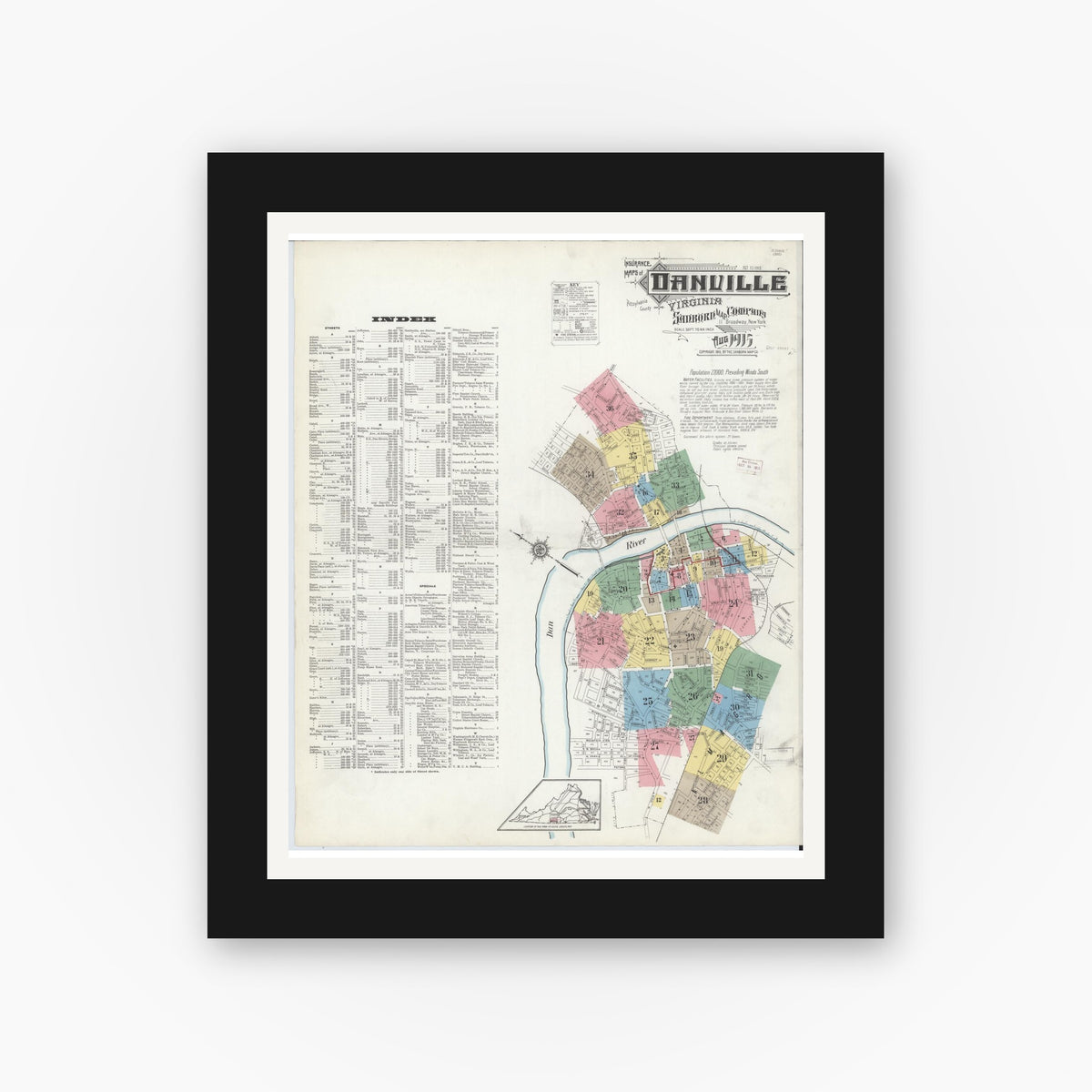 Old map wall art mockup — black gallery frame with white mat — Sanborn Fire Insurance Map from Danville, Independent Cities, Virginia (1915) - Complete Map Set