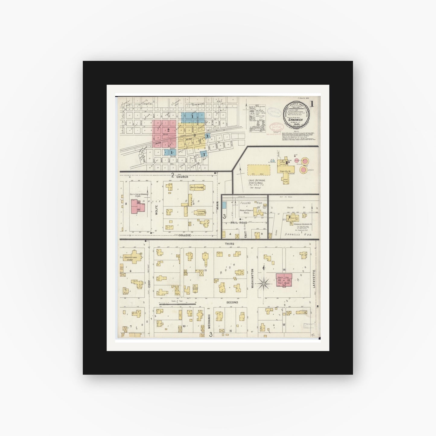 Old map wall art mockup — black gallery frame with white mat — Sanborn Fire Insurance Map from Sandwich, De Kalb County, Illinois (1897), Sheet #0001