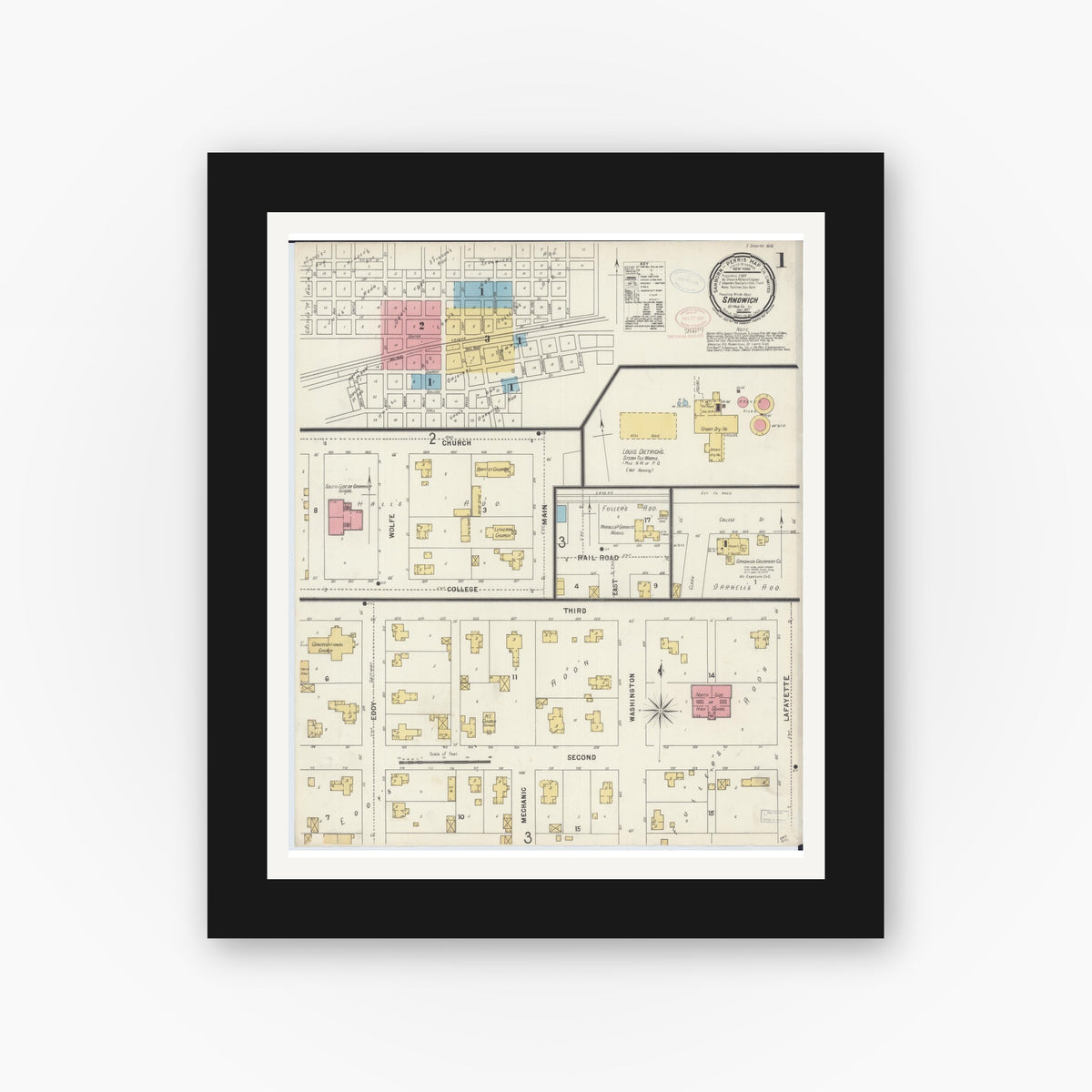 Old map wall art mockup — black gallery frame with white mat — Sanborn Fire Insurance Map from Sandwich, De Kalb County, Illinois (1897), Sheet #0001