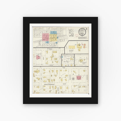 Old map wall art mockup — black gallery frame with white mat — Sanborn Fire Insurance Map from Sandwich, De Kalb County, Illinois (1897), Sheet #0001