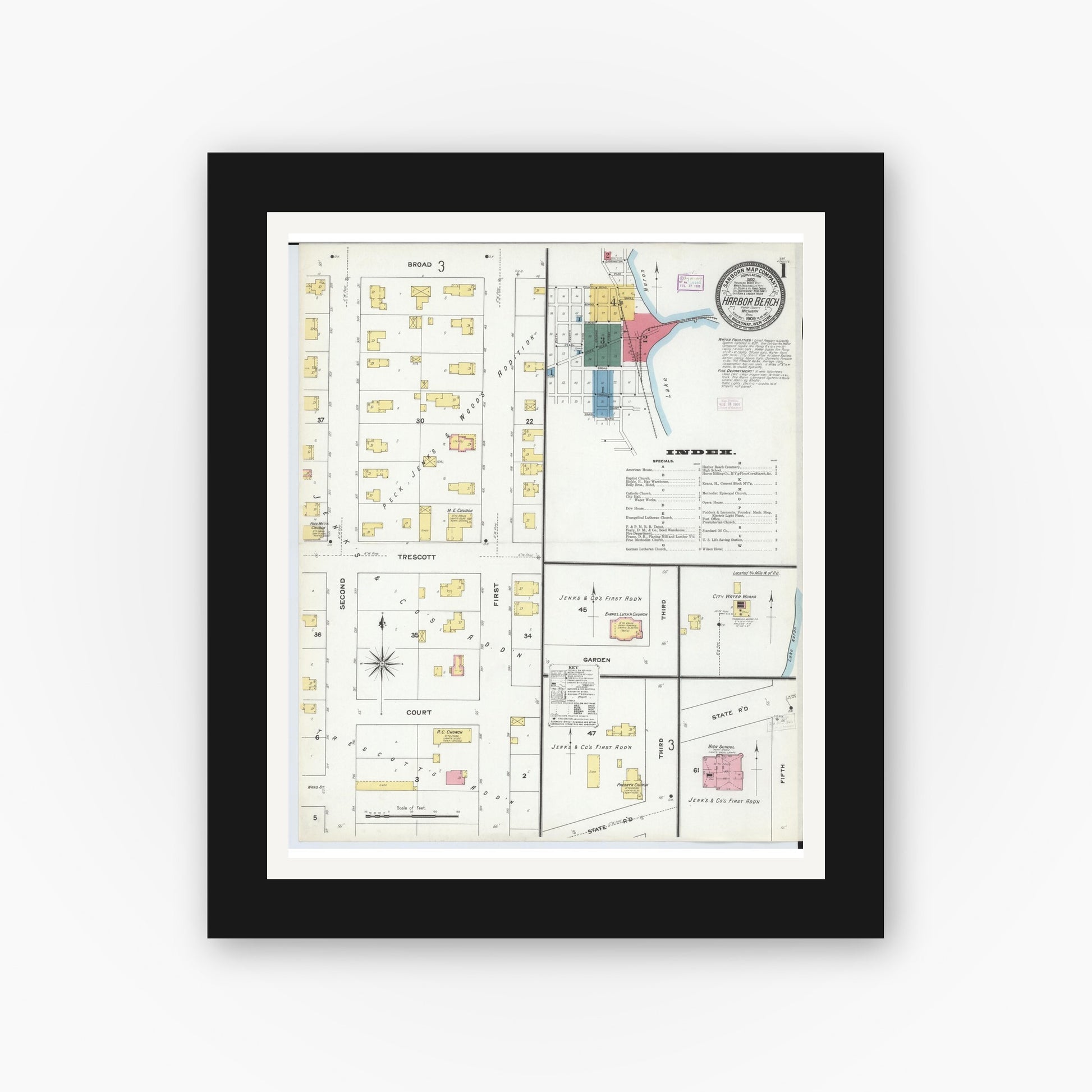 Old map wall art mockup — black gallery frame with white mat — Sanborn Fire Insurance Map from Harbor Beach, Huron County, Michigan (1909) - Complete Map Set