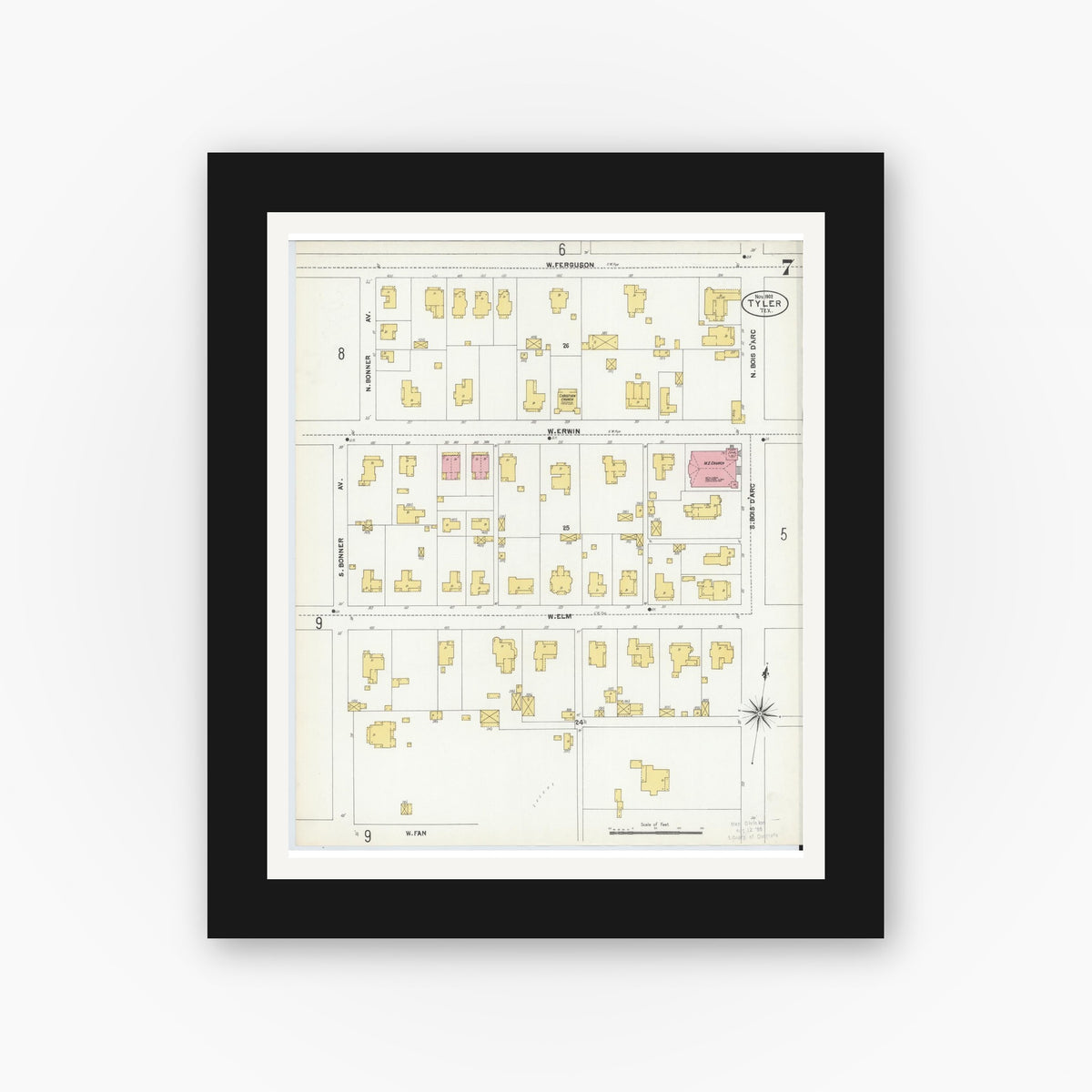 Old map wall art mockup — black gallery frame with white mat — Sanborn Fire Insurance Map from Tyler, Smith County, Texas (1902), Sheet #0007