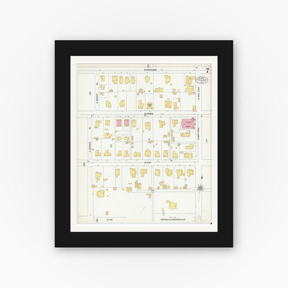 Old map wall art mockup — black gallery frame with white mat — Sanborn Fire Insurance Map from Tyler, Smith County, Texas (1902), Sheet #0007