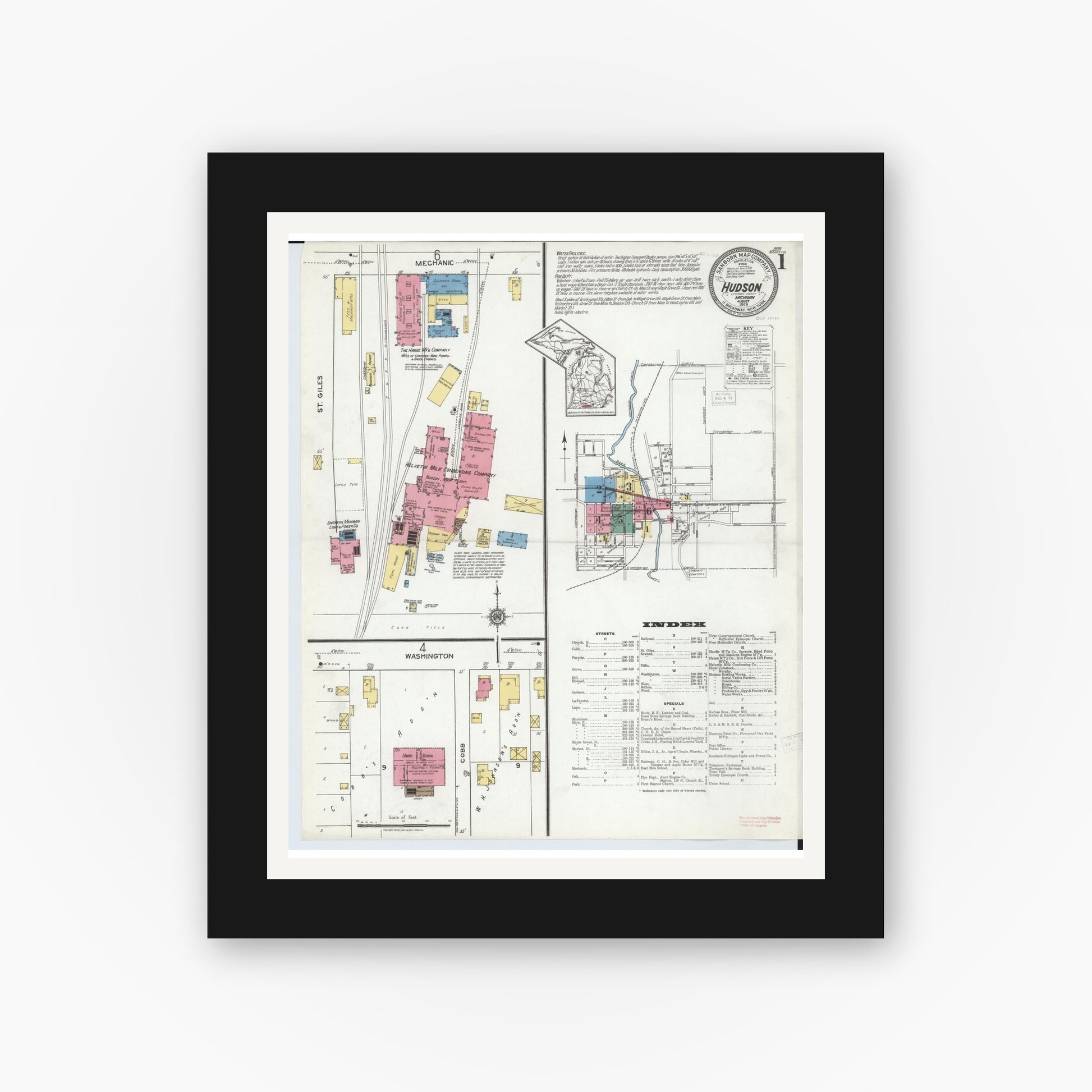 Old map wall art mockup — black gallery frame with white mat — Sanborn Fire Insurance Map from Hudson, Lenawee County, Michigan (1919) - Complete Map Set